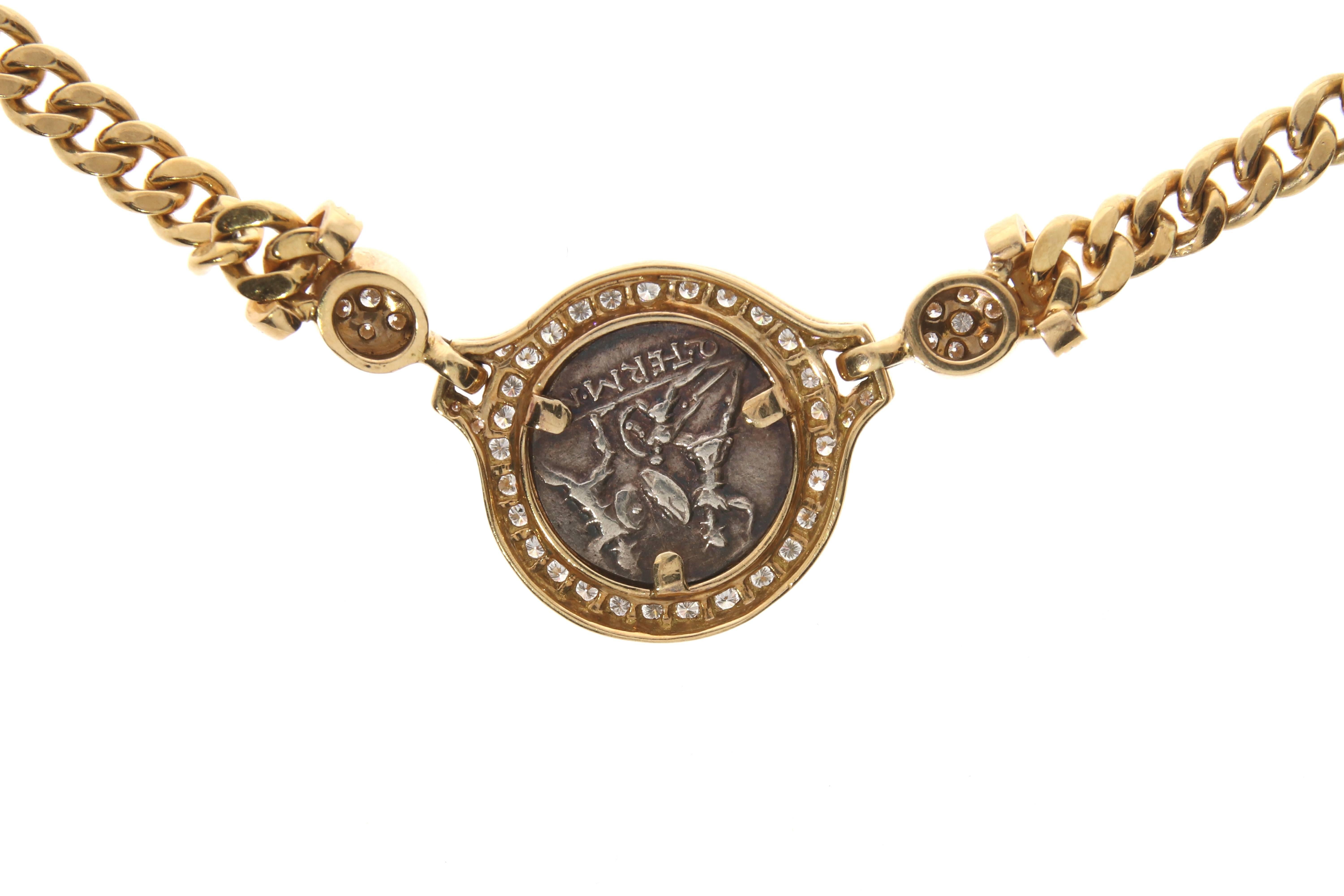 Round Cut Roman Yellow Gold Coin Chain Necklace with Diamonds, circa 1980 For Sale