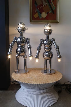 Pair of Lamps, Male and Female Robots, Torino Lamps, Chromed Metal, circa 1980