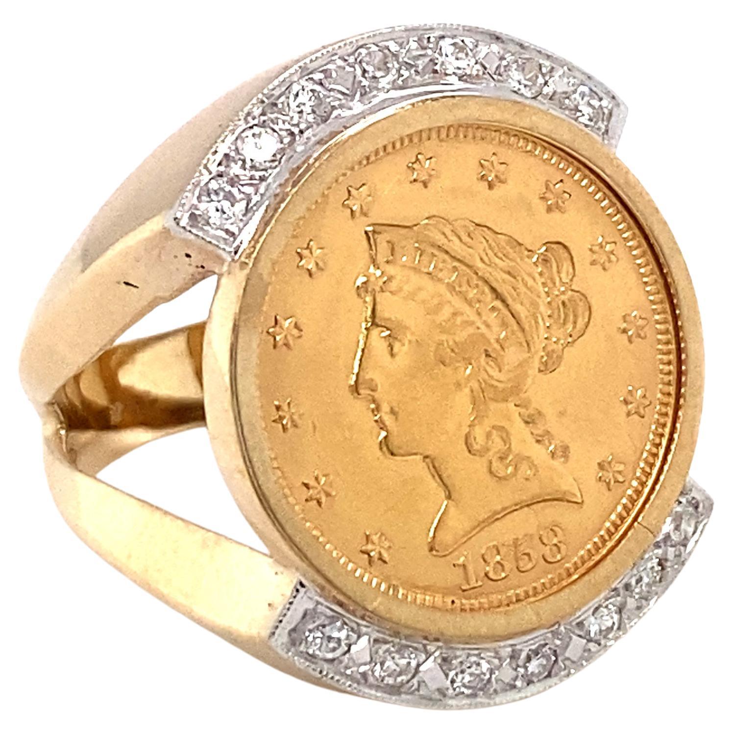 Bague fantaisie en or 14 carats avec pièce de monnaie de 2 1/2 dollars et diamants, datant des années 1980 environ en vente