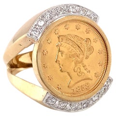 Bague fantaisie en or 14 carats avec pièce de monnaie de 2 1/2 dollars et diamants, datant des années 1980 environ
