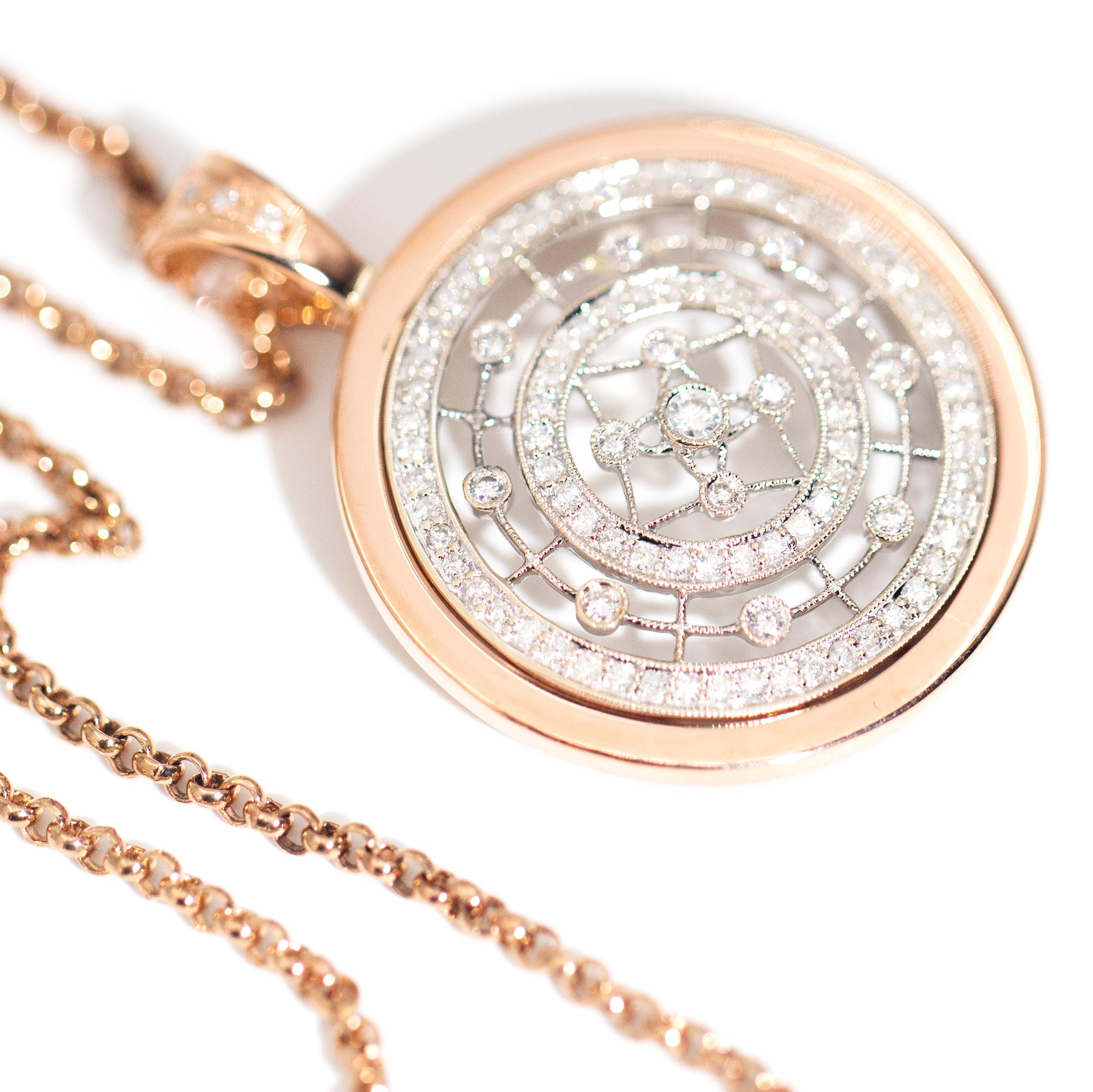 Circa 1980s 9 Carat Rose and White Gold Diamond Disc Enhancer Pendant and Chain 4