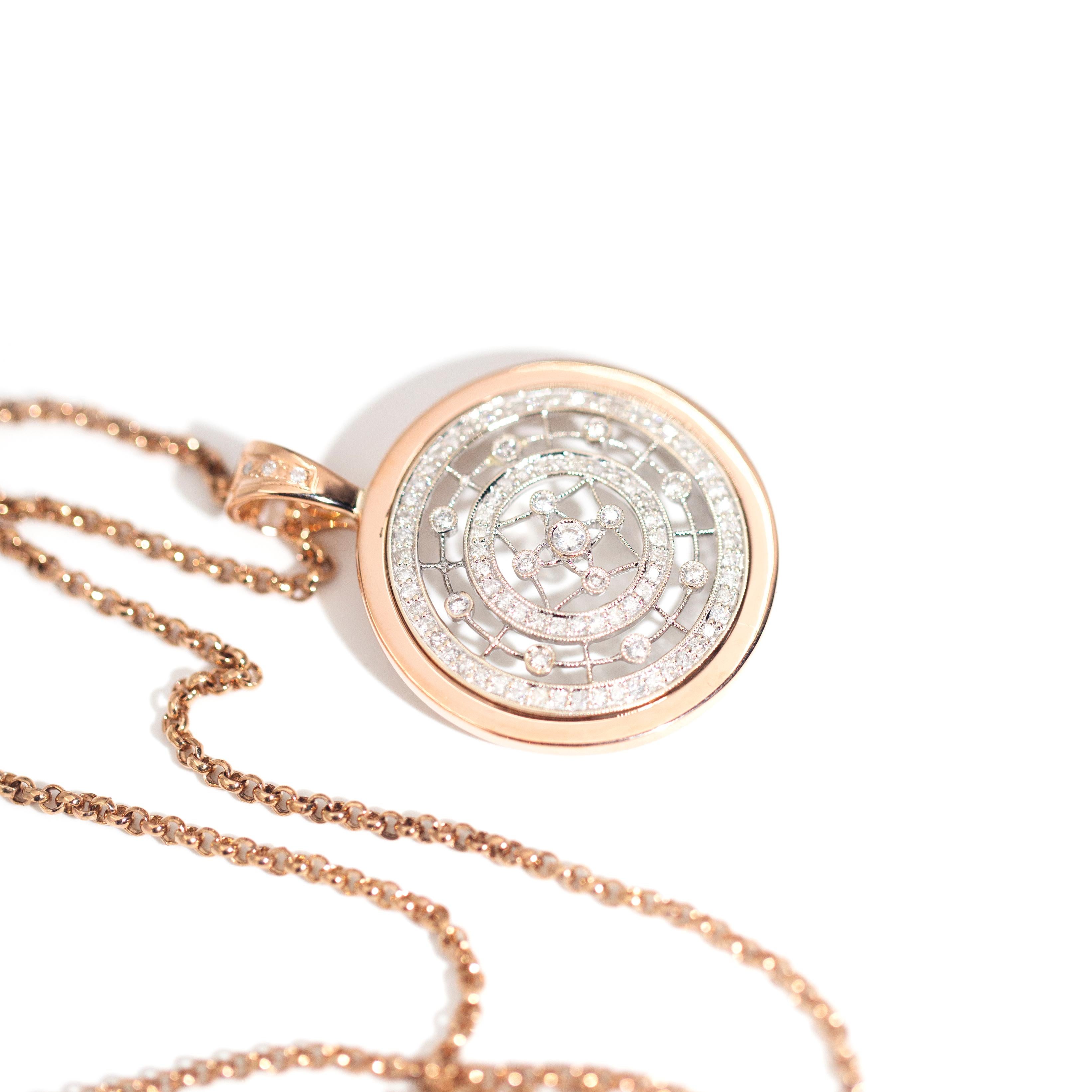Circa 1980s 9 Carat Rose and White Gold Diamond Disc Enhancer Pendant and Chain 5