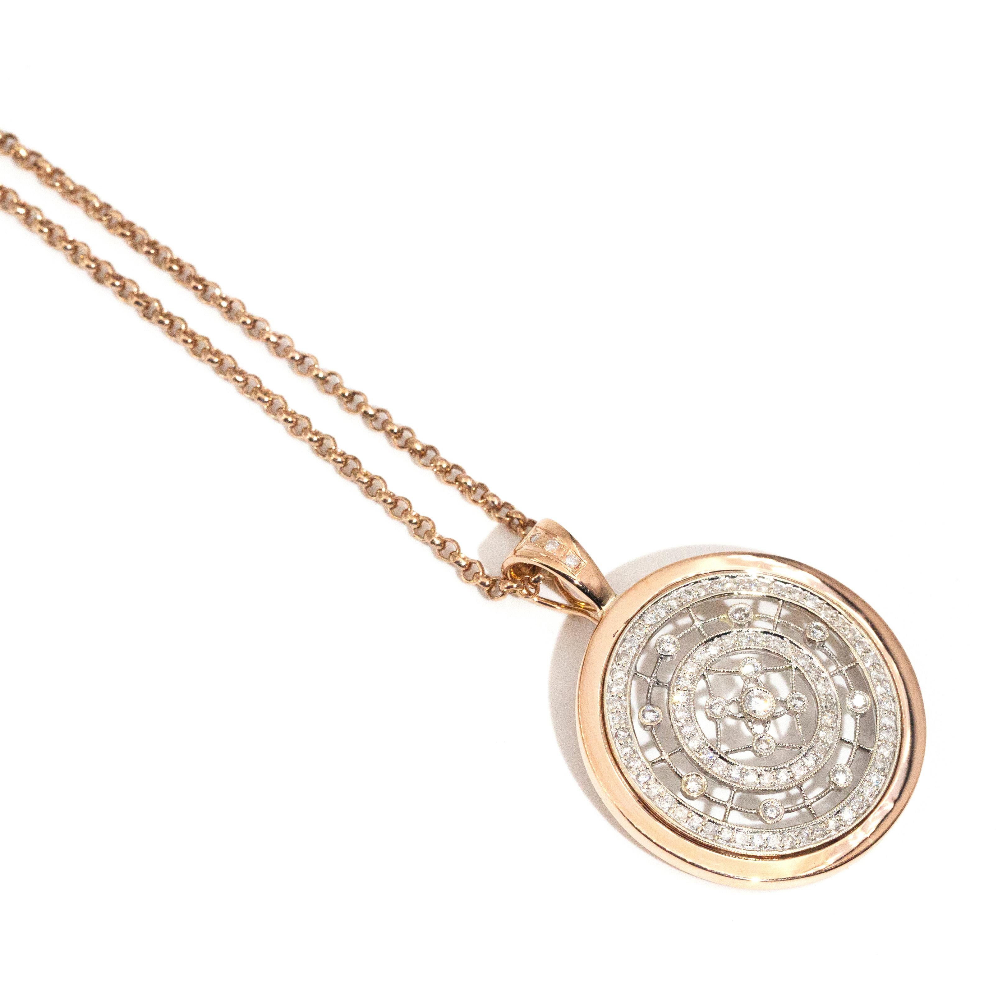 Circa 1980s 9 Carat Rose and White Gold Diamond Disc Enhancer Pendant and Chain 8