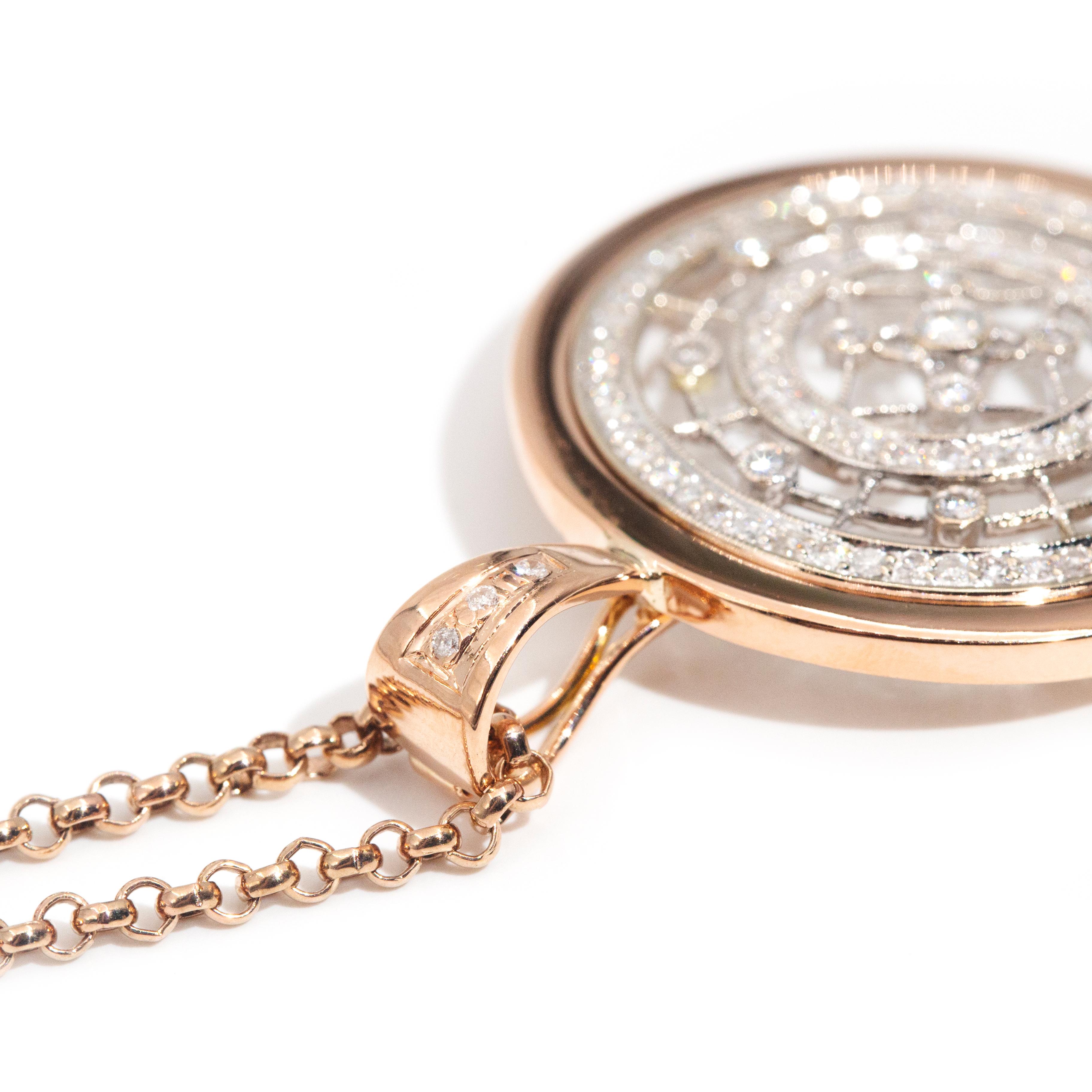 Round Cut Circa 1980s 9 Carat Rose and White Gold Diamond Disc Enhancer Pendant and Chain