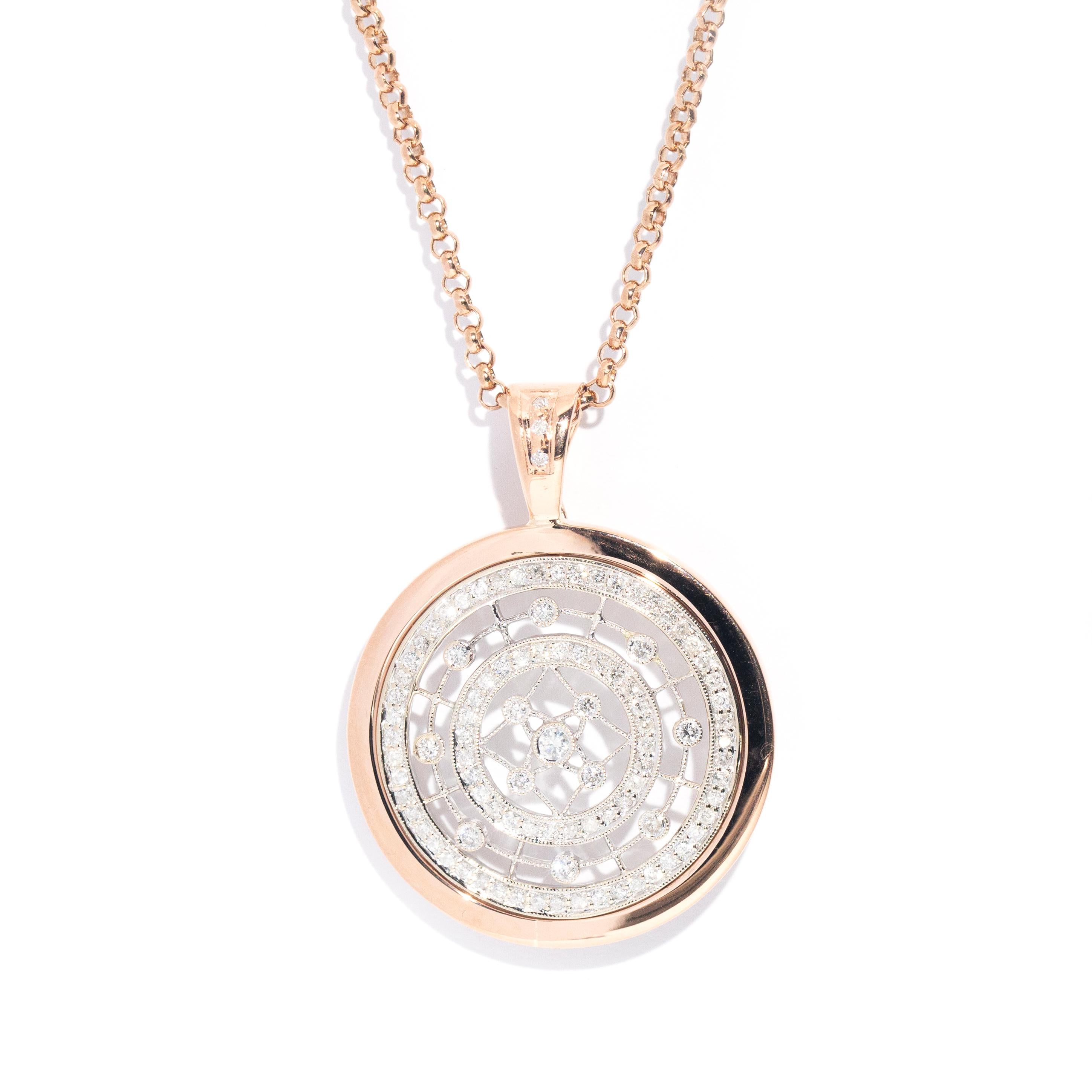 Circa 1980s 9 Carat Rose and White Gold Diamond Disc Enhancer Pendant and Chain 1