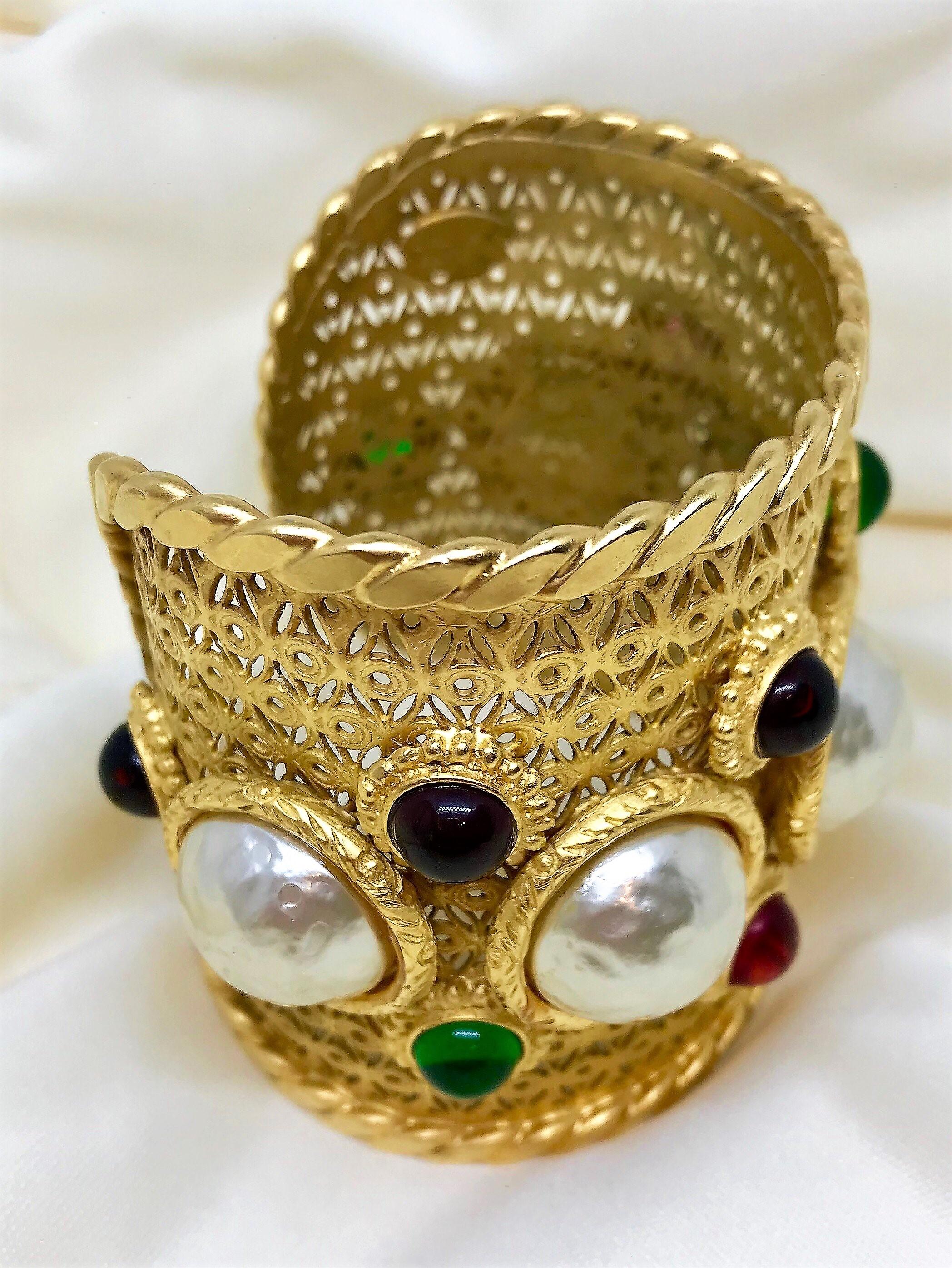 Circa 1980s Deanna Hamro Gold-Plated Faux-Pearl and  Cabochon Jeweled Cuff  1