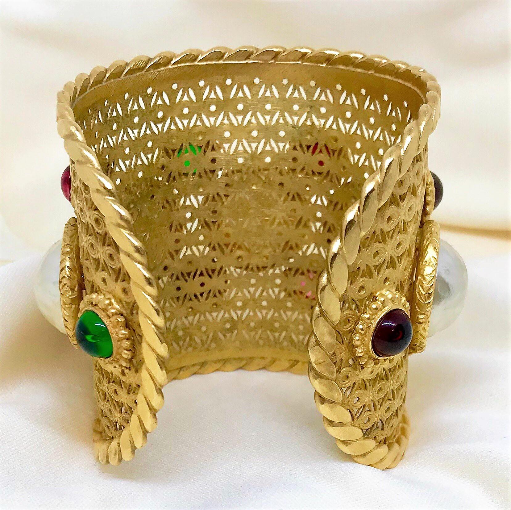 Circa 1980s Deanna Hamro Gold-Plated Faux-Pearl and  Cabochon Jeweled Cuff  2