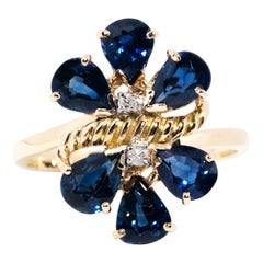 Circa 1980s Diamond & Sapphire Vintage 14 Carat Yellow Gold Cluster Ring