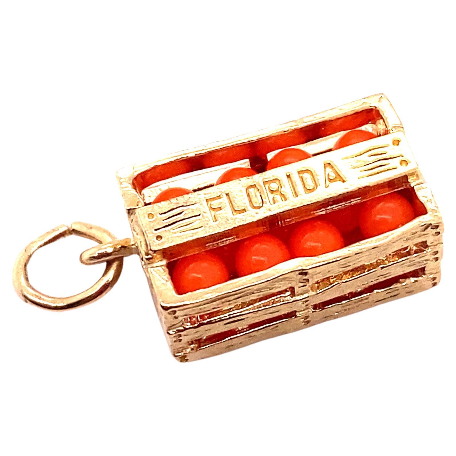 Circa 1980s Florida Oranges Crate Charm in 14K Gold For Sale