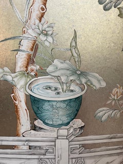 Circa 1980's Gracie Silver Leaf Handpainted Screen