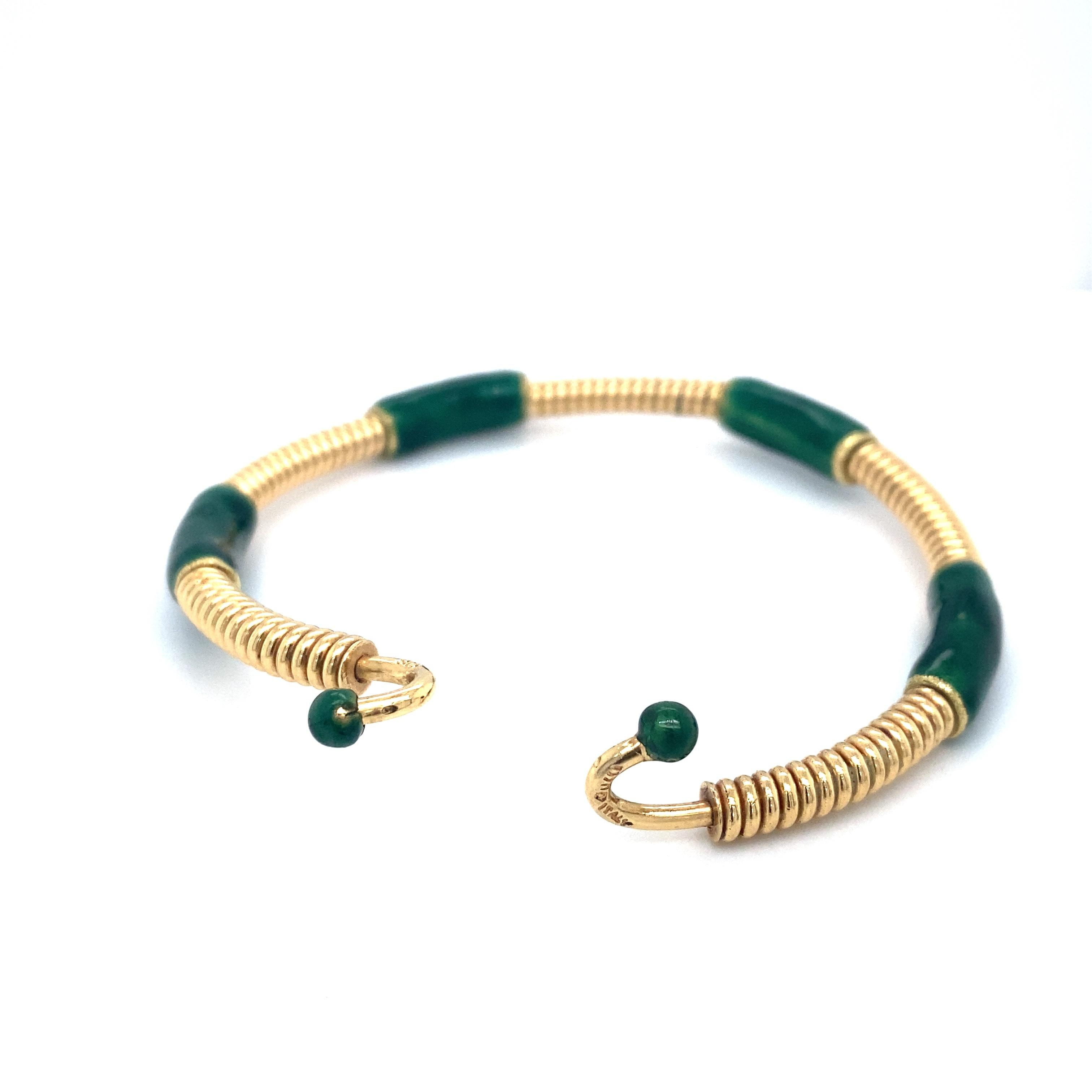 Retro Circa 1980s GUCCI Green Enamel Coil Bracelet in 18 Karat Gold For Sale