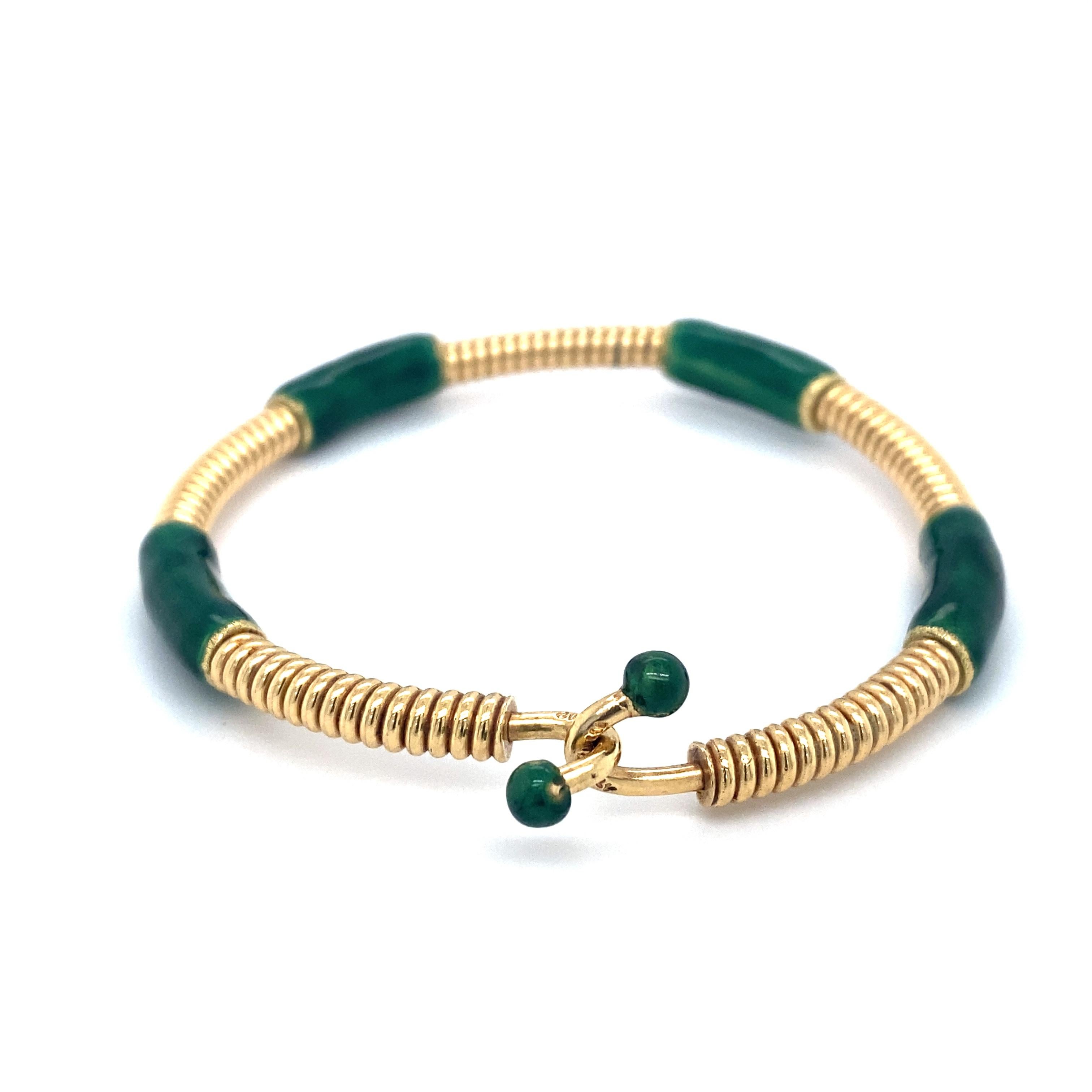 Women's or Men's Circa 1980s GUCCI Green Enamel Coil Bracelet in 18 Karat Gold