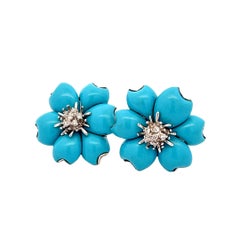 Circa 1980s Italian 18K White Gold Persian Turquoise & Diamond Floral Earrings