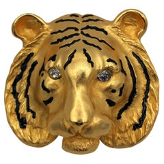 Circa 1980s Large Gilt & Enameled Tiger Mask Pin by Doreen Ryan