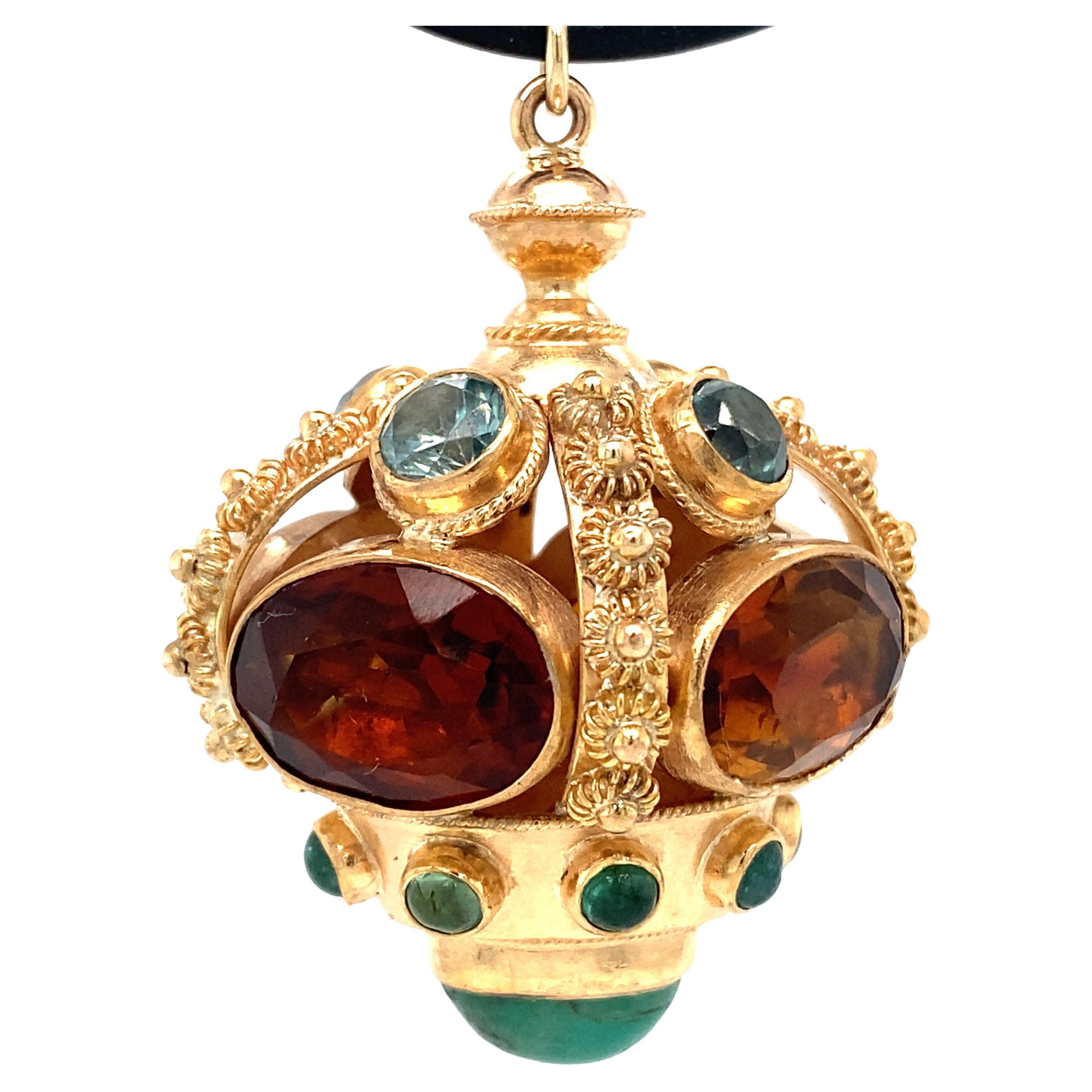 Circa 1980s Multi Gemstone Drop Pendant on Leather Cord in 14 Karat Gold