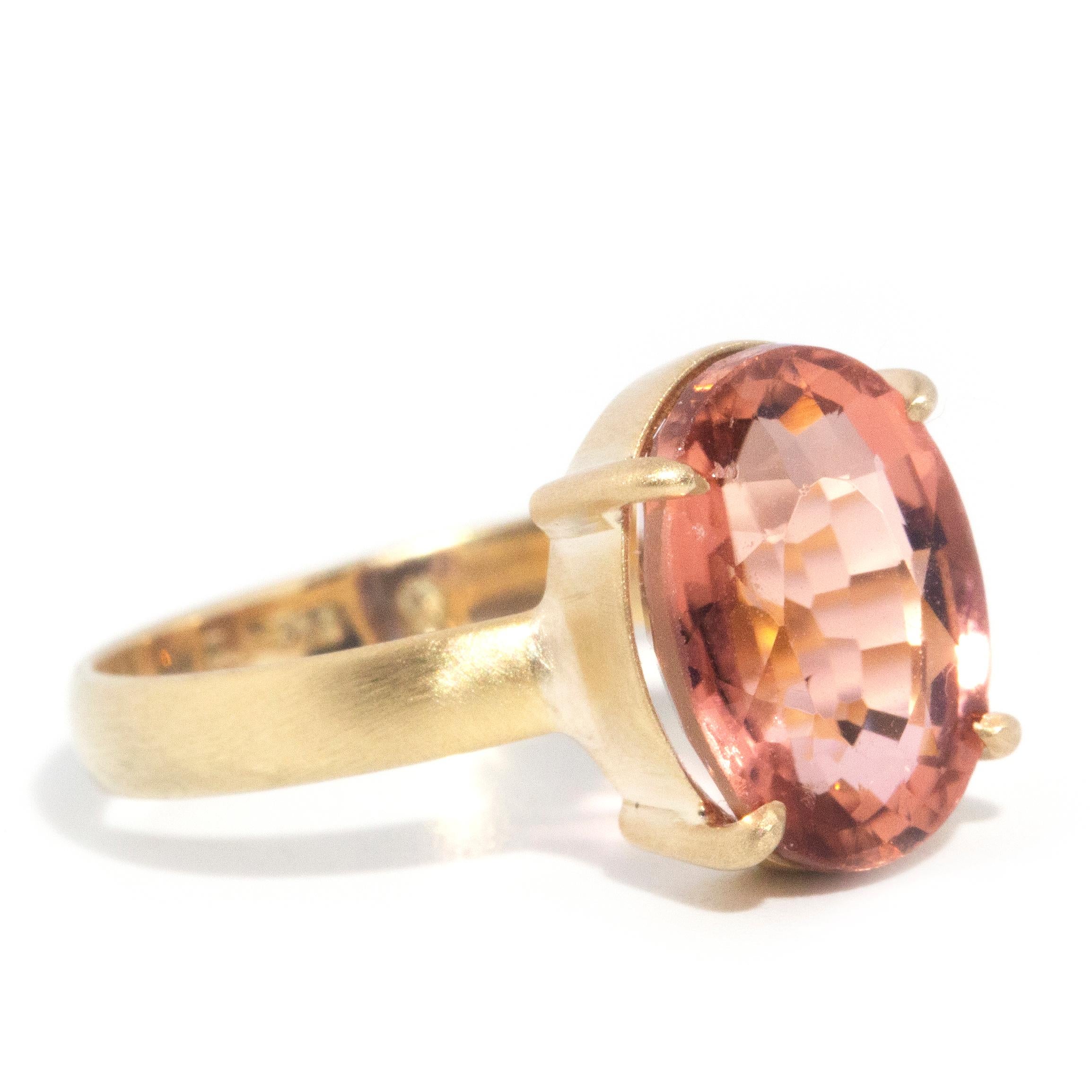 Oval Cut Circa 1980s Oval Peach Tourmaline Vintage 14 Carat Satin Gold Solitaire Ring For Sale