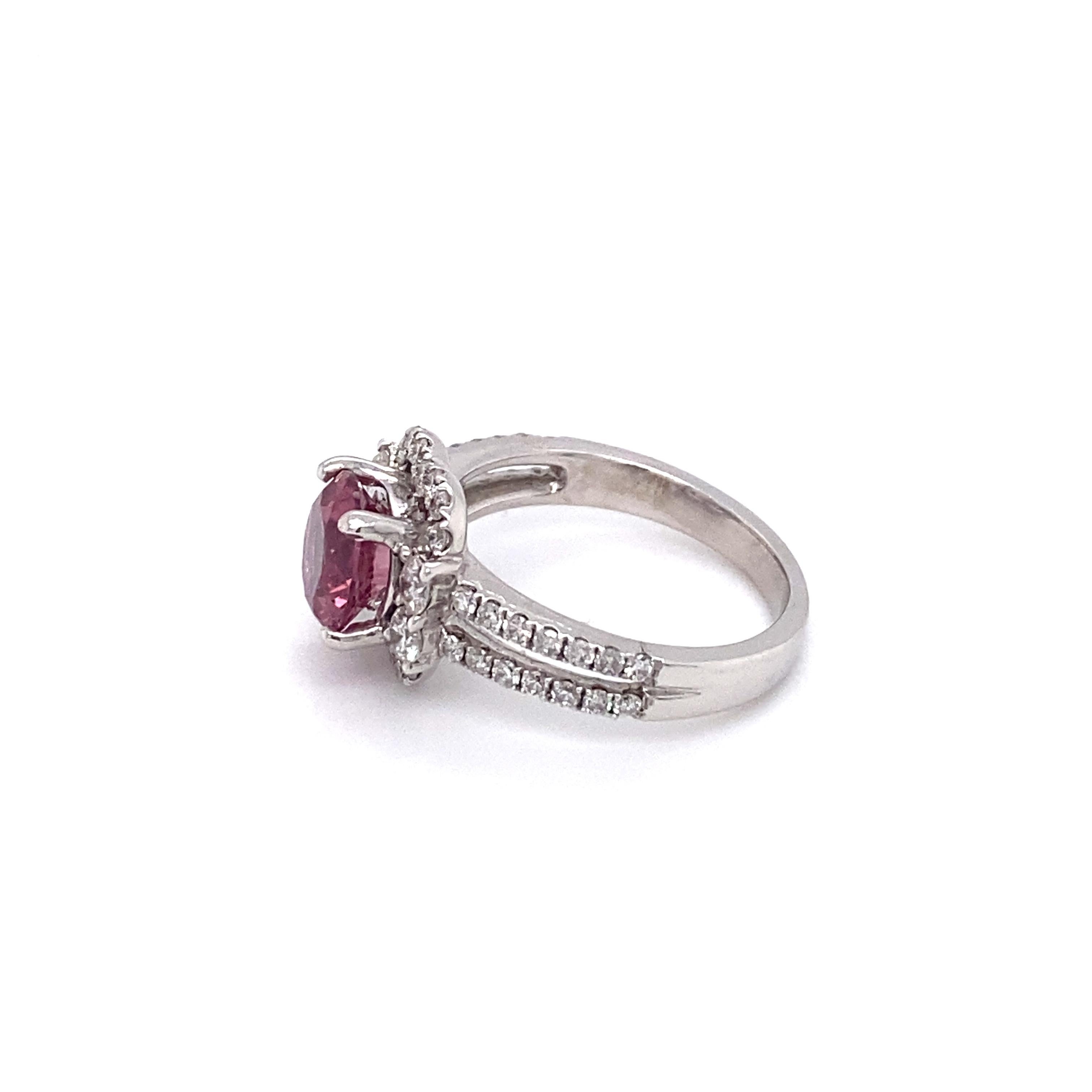 Art Deco Circa 1980s Pink Tourmaline and Diamond Engagement Ring in 18K White Gold For Sale