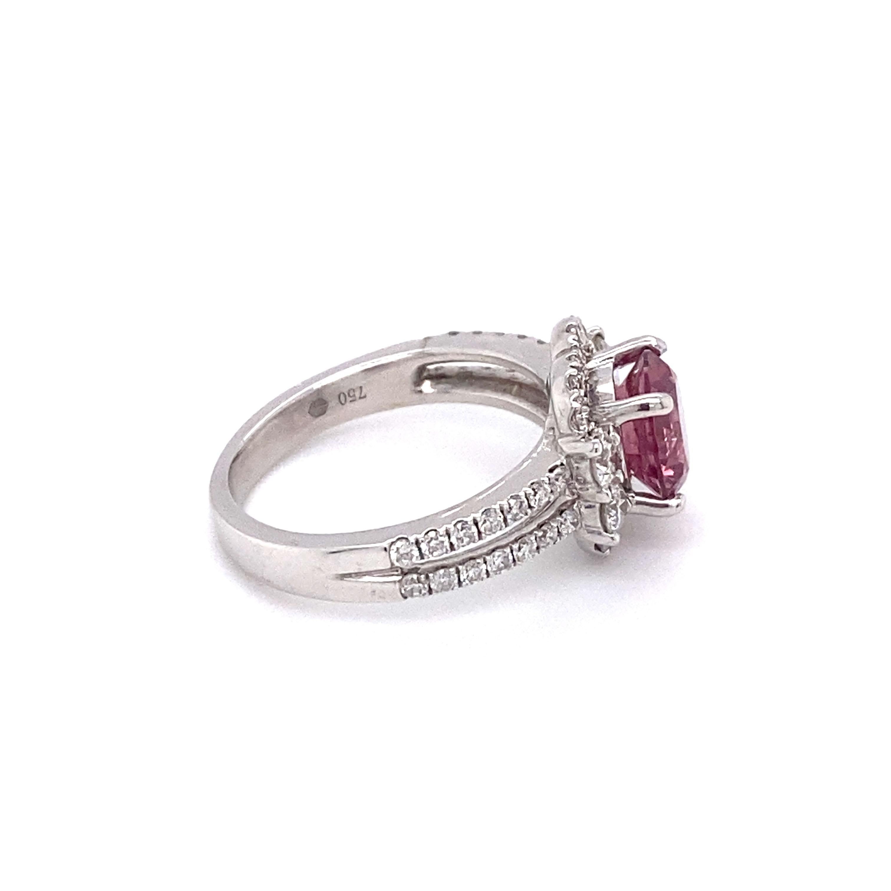 Round Cut Circa 1980s Pink Tourmaline and Diamond Engagement Ring in 18K White Gold For Sale