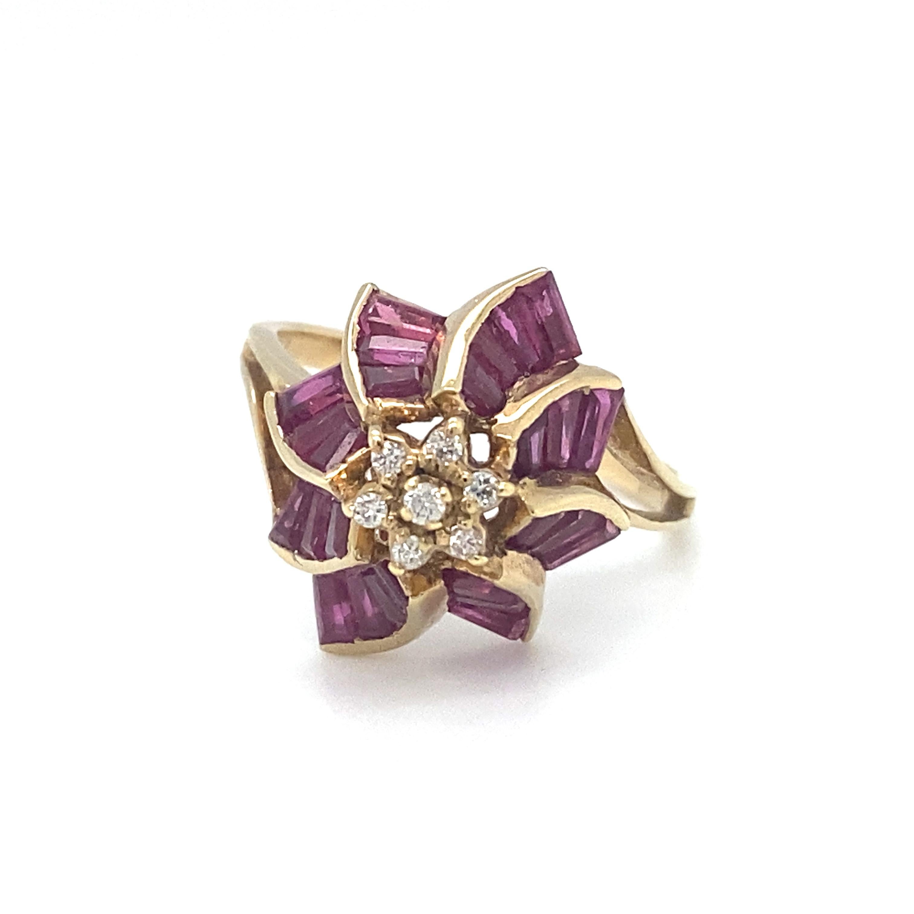Women's or Men's Circa 1980s Ruby and Diamond Floral Motif Ring in 14K Gold