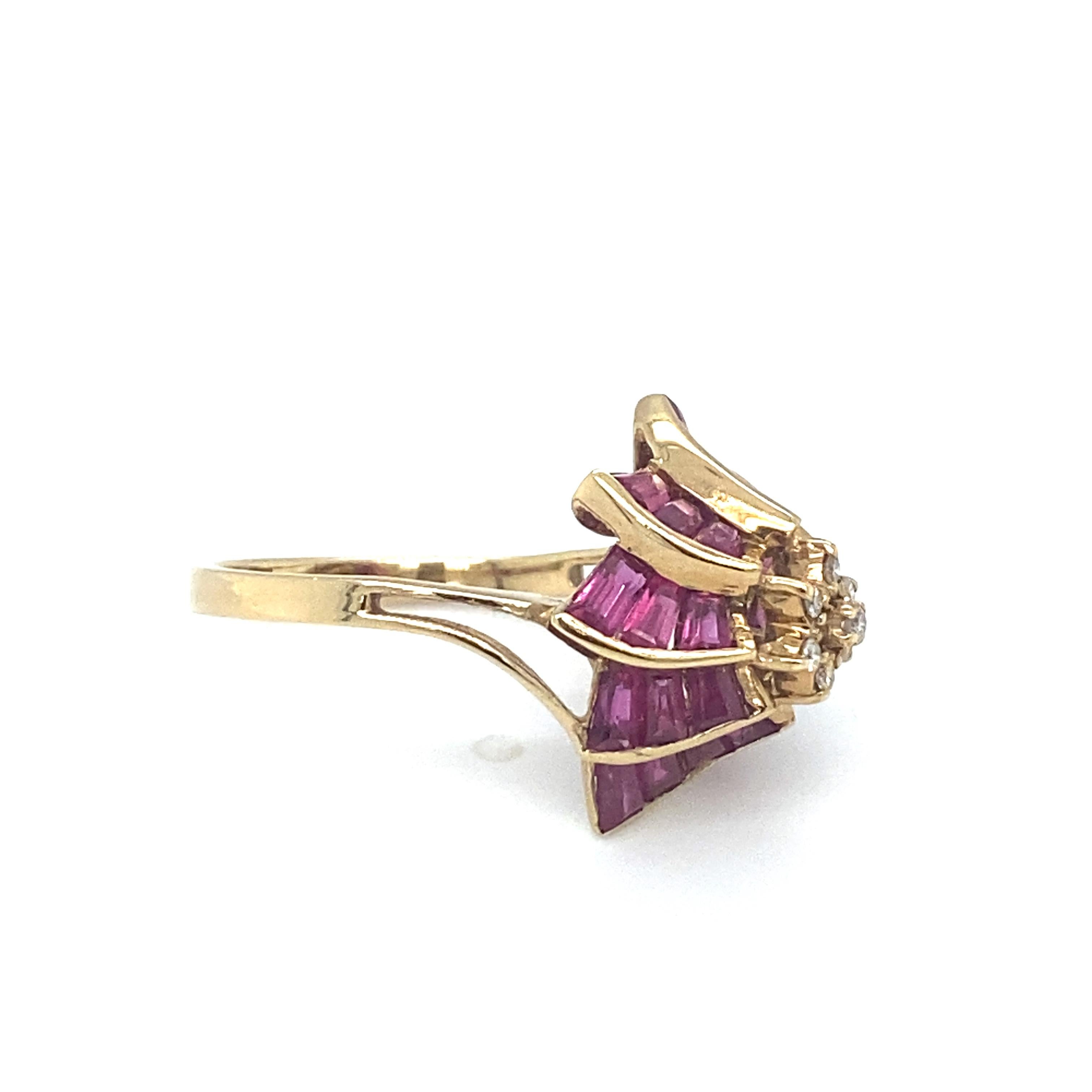 Circa 1980s Ruby and Diamond Floral Motif Ring in 14K Gold 1