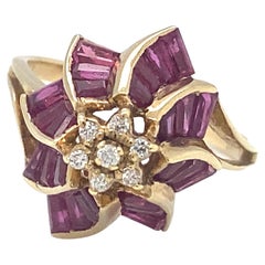 Circa 1980s Ruby and Diamond Floral Motif Ring in 14K Gold