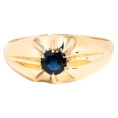 Circa 1980s Solitaire Blue Sapphire Vintage 9 Carat Yellow Gold Domed Gypsy Ring
