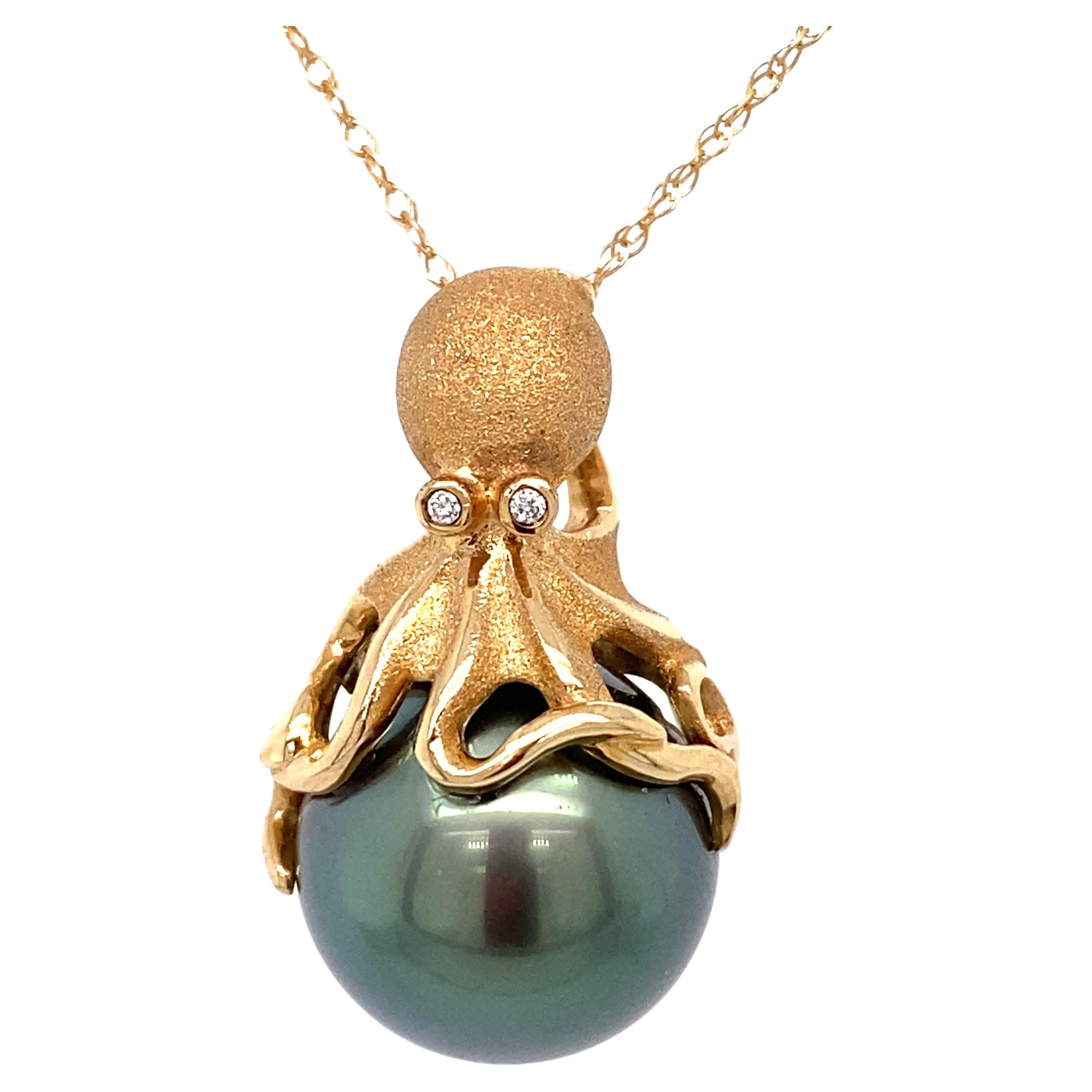 Circa 1980s Tahitian Pearl and Diamond Octopus Pendant in 14K Gold