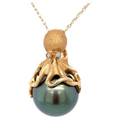 Vintage Circa 1980s Tahitian Pearl and Diamond Octopus Pendant in 14K Gold