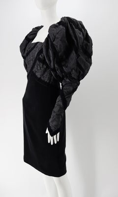 Circa 1985 Chanel Black Velvet Mini Dress With Puffy Sleeves
