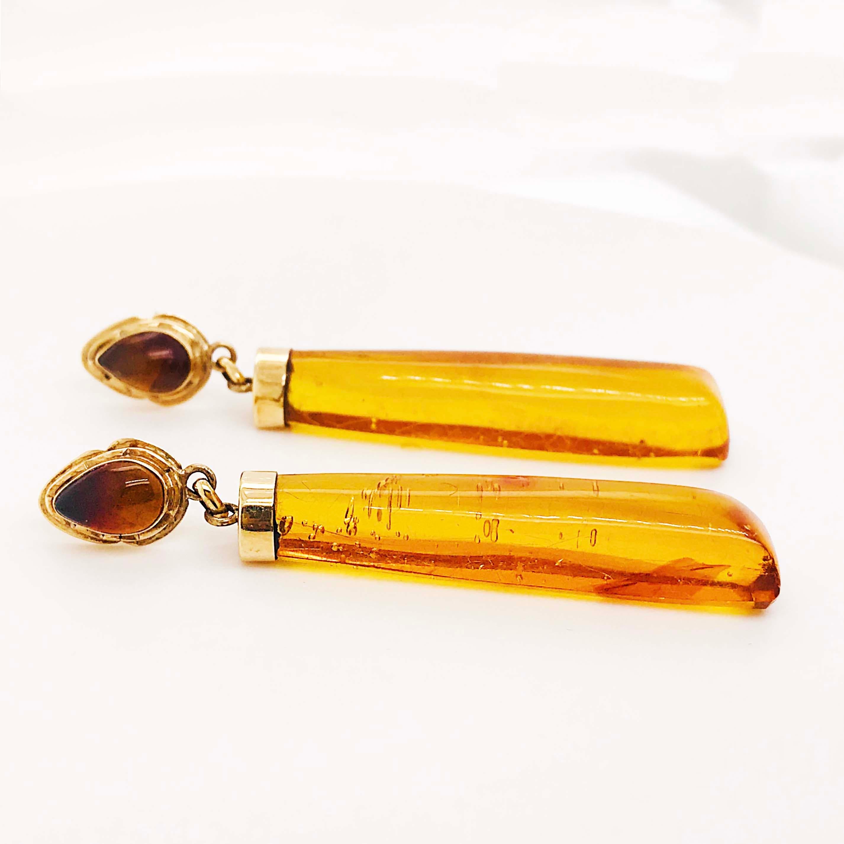 Radiant Cut Baltic Sea Amber Earrings in 14 Karat Yellow Gold, circa 1985, Genuine 