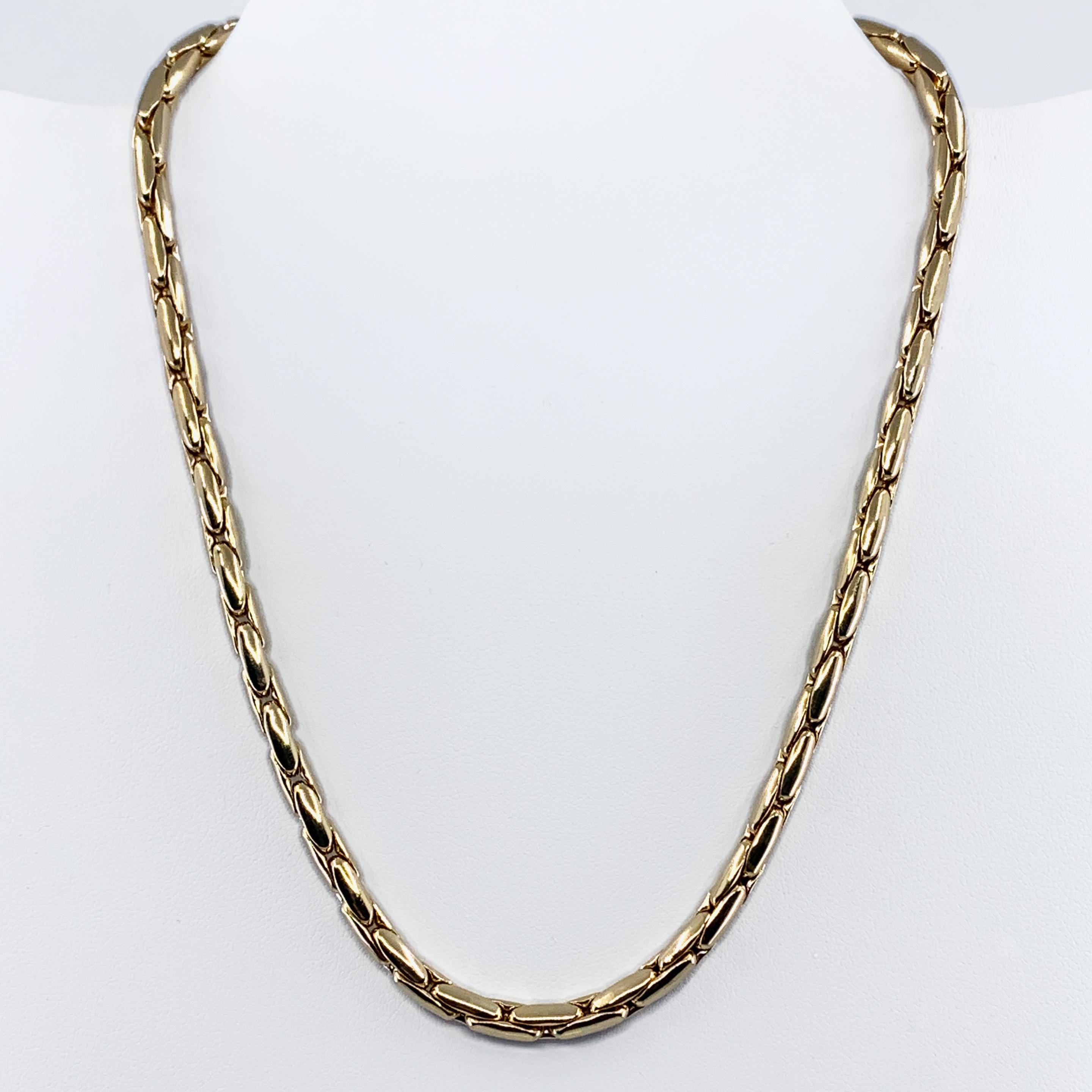 This is a fantastic, versatile chain, very sleek and very cool construction.  Boston link chains are hollow on the inside, by design, so they're a great way to create a thick gold line -- one with a cool pattern of intersecting oval links -- that is