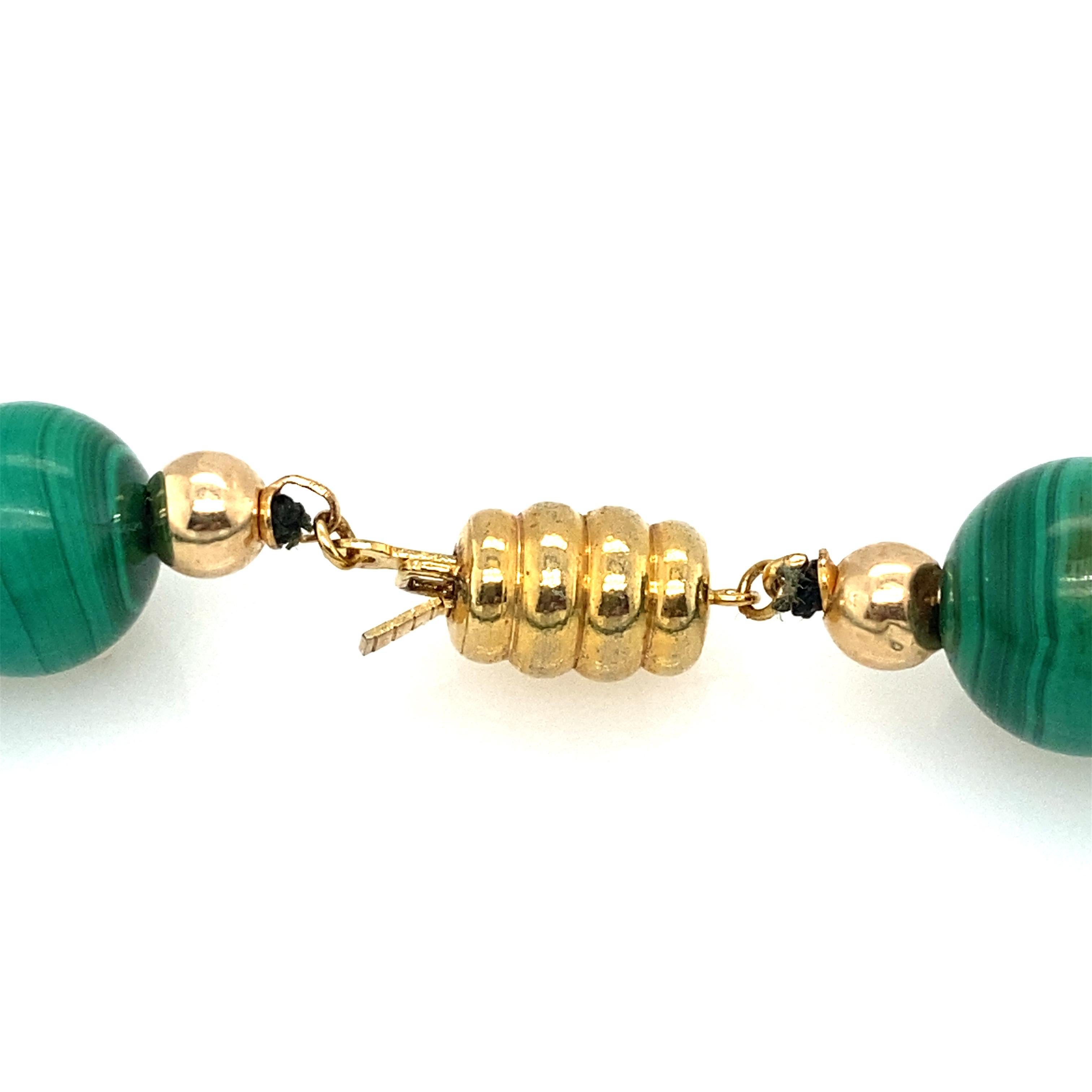 Modern circa 1990s, Malachite Beaded Necklace in 14 Karat Yellow Gold For Sale