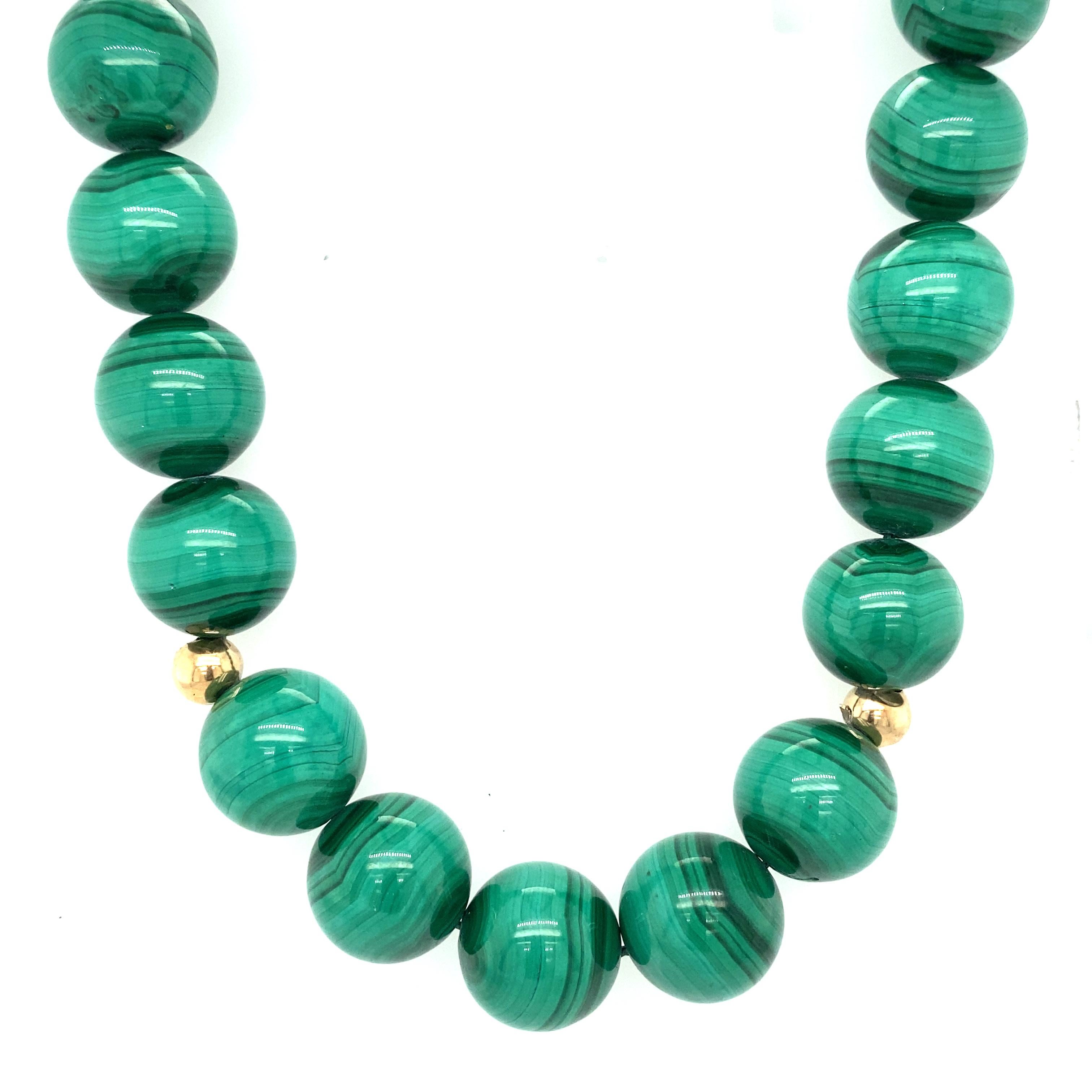 Women's or Men's circa 1990s, Malachite Beaded Necklace in 14 Karat Yellow Gold For Sale