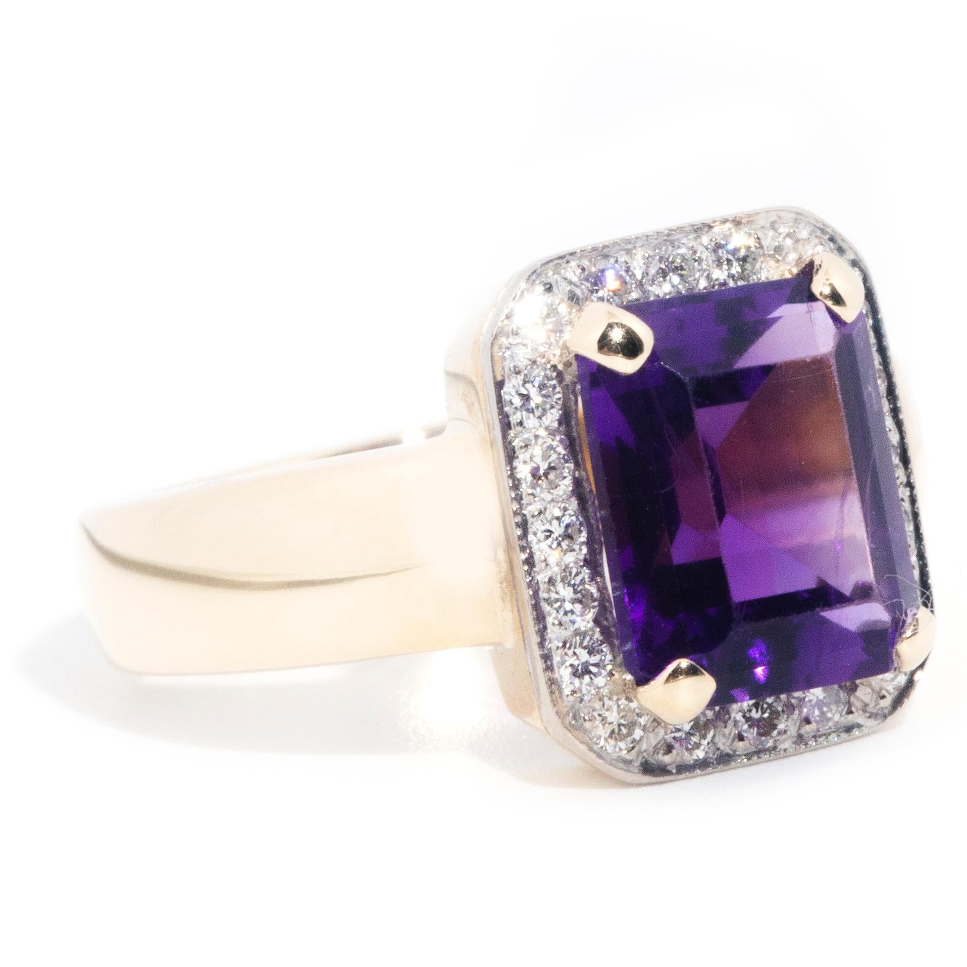 Vintage-Ring aus 9 Karat Gelbgold mit Amethyst im Smaragdschliff und Diamanten, ca. 1990er Jahre (Moderne)
