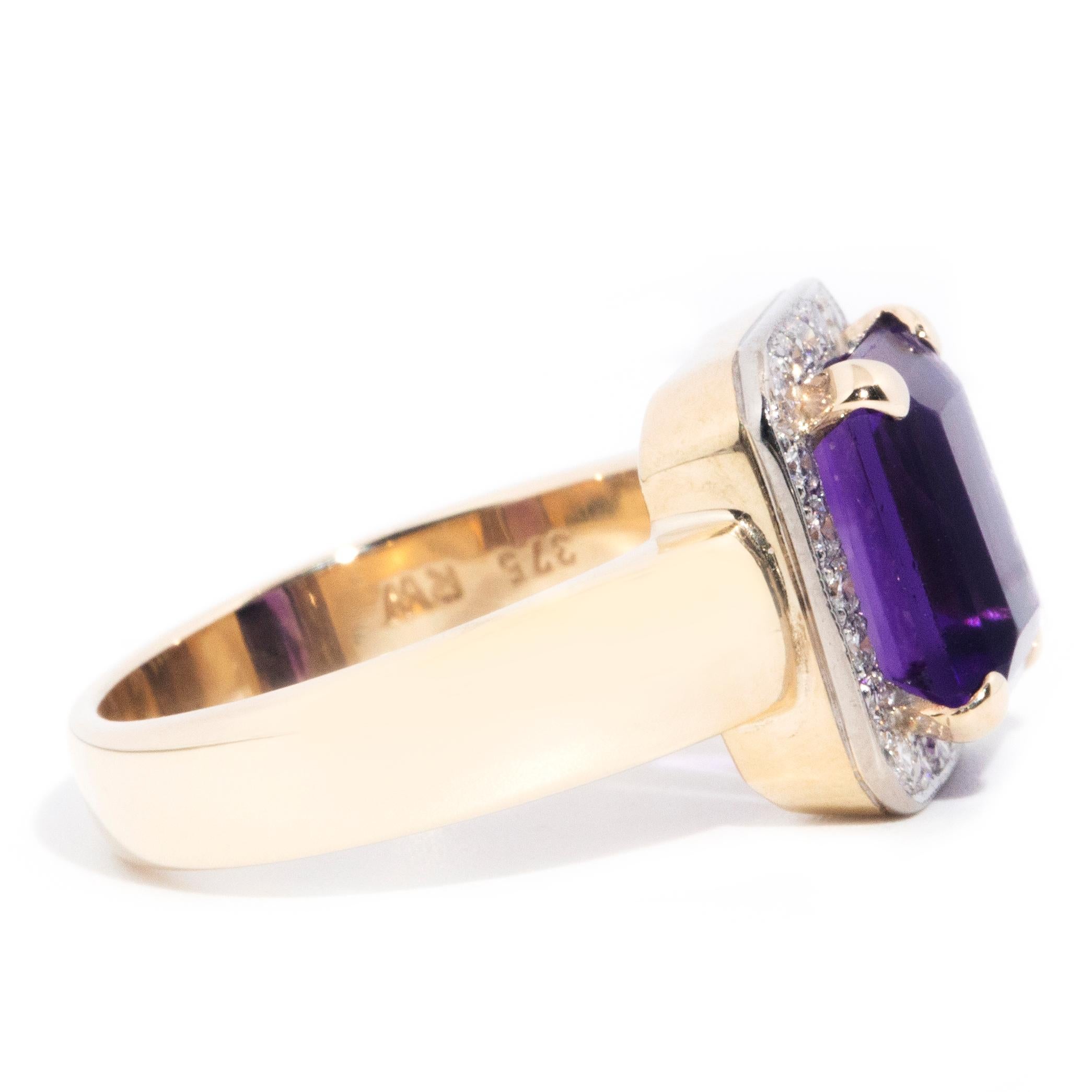 Vintage-Ring aus 9 Karat Gelbgold mit Amethyst im Smaragdschliff und Diamanten, ca. 1990er Jahre Damen