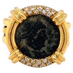 Circa 1990s Chain Link Roman Coin Ring with Diamonds in 18 Karat Gold