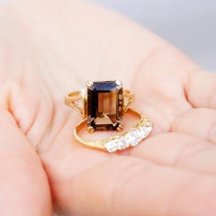 Circa 1990s Emerald Cut Smokey Quartz Vintage Ring in 9 Carat Yellow Gold