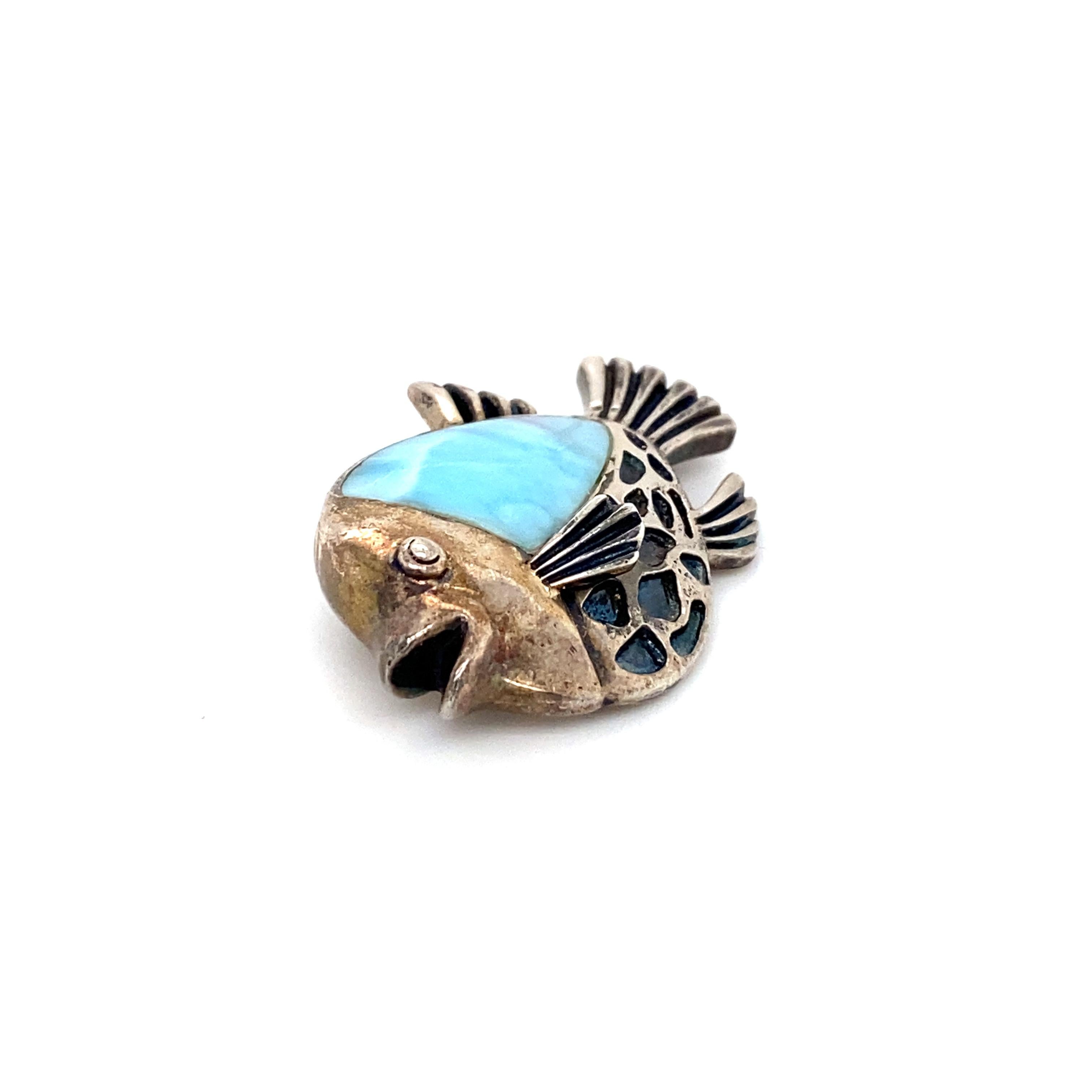 Cabochon Circa 1990s Enamel Fish Pendant with Larimar in Sterling Silver For Sale
