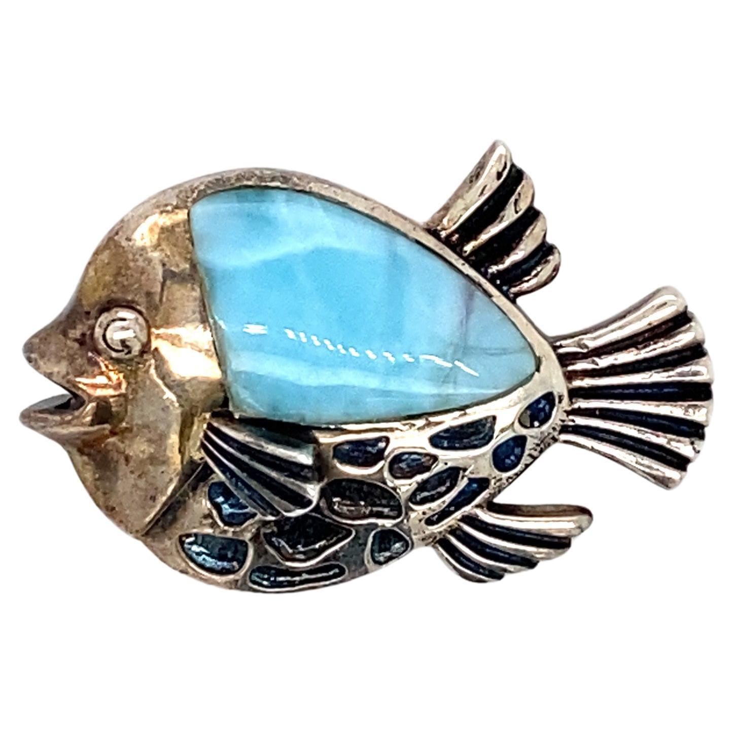 Circa 1990s Enamel Fish Pendant with Larimar in Sterling Silver For Sale
