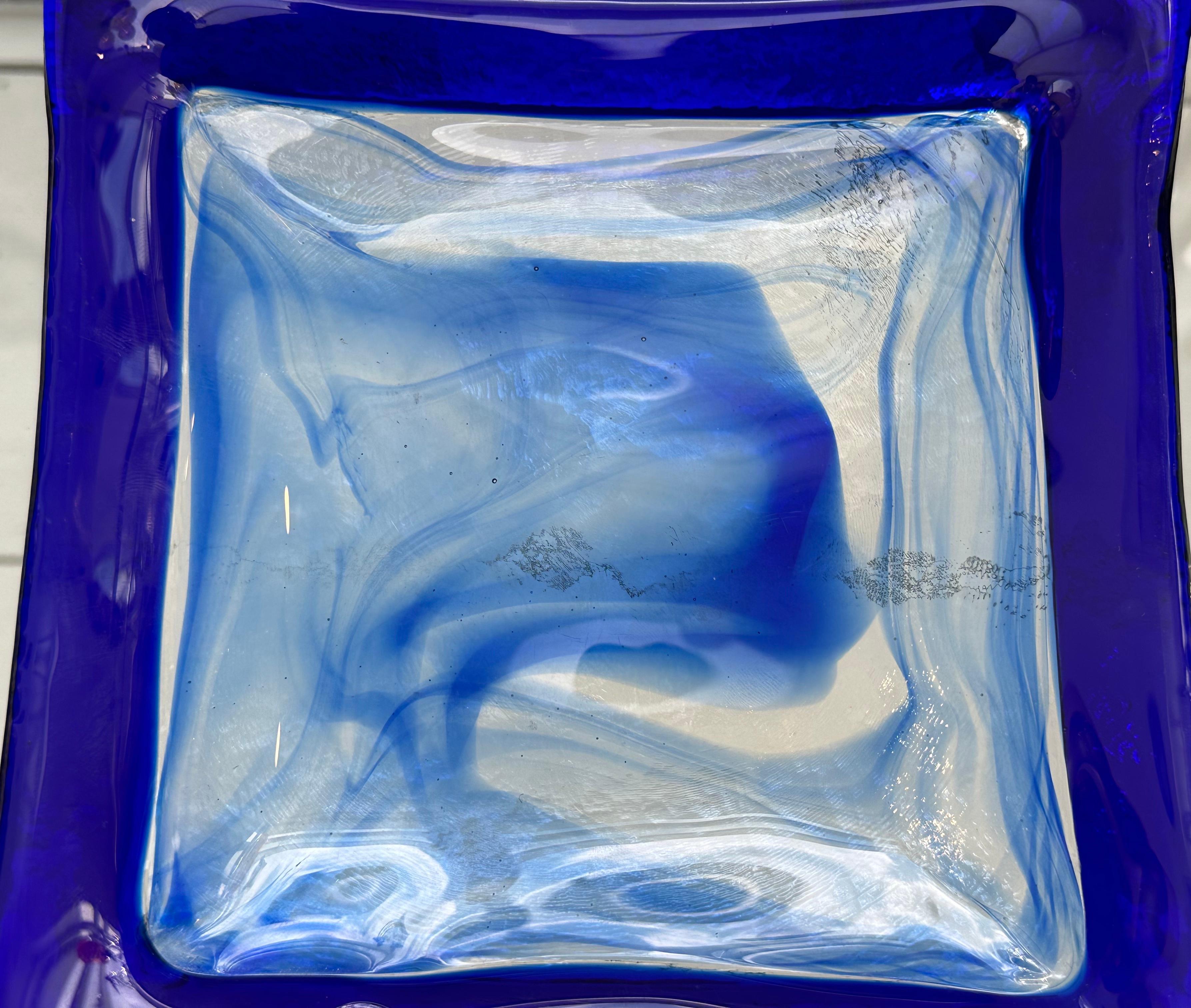 Circa 1990s Italian La Murrina Murano Cobalt Blue & Clear Glass Dish or Bowl 4