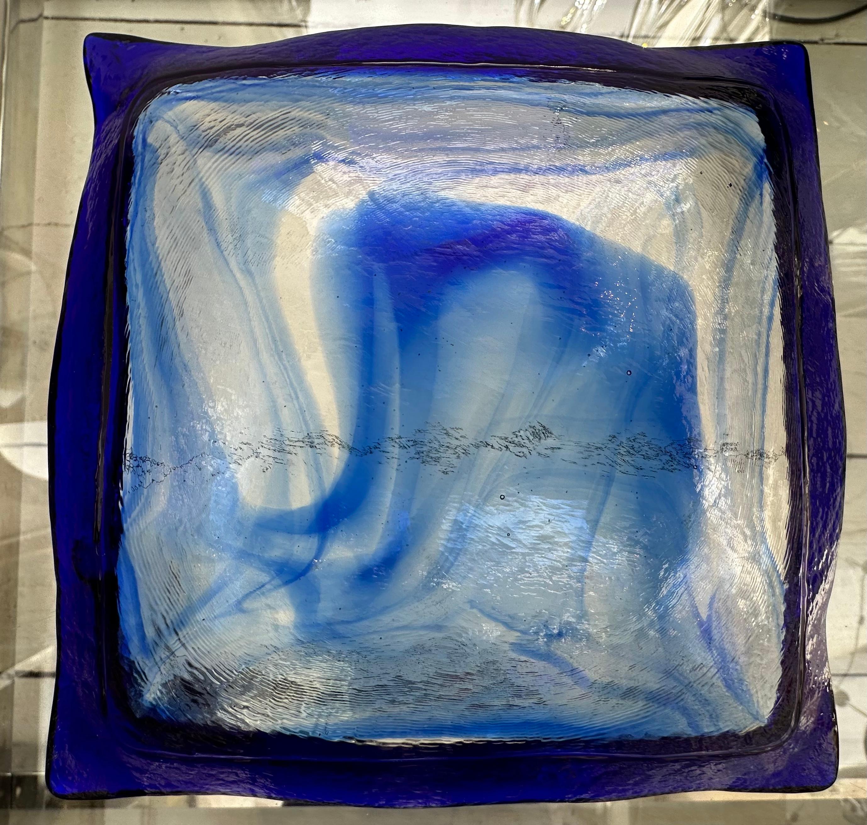 Circa 1990s Italian La Murrina Murano Cobalt Blue & Clear Glass Dish or Bowl 10