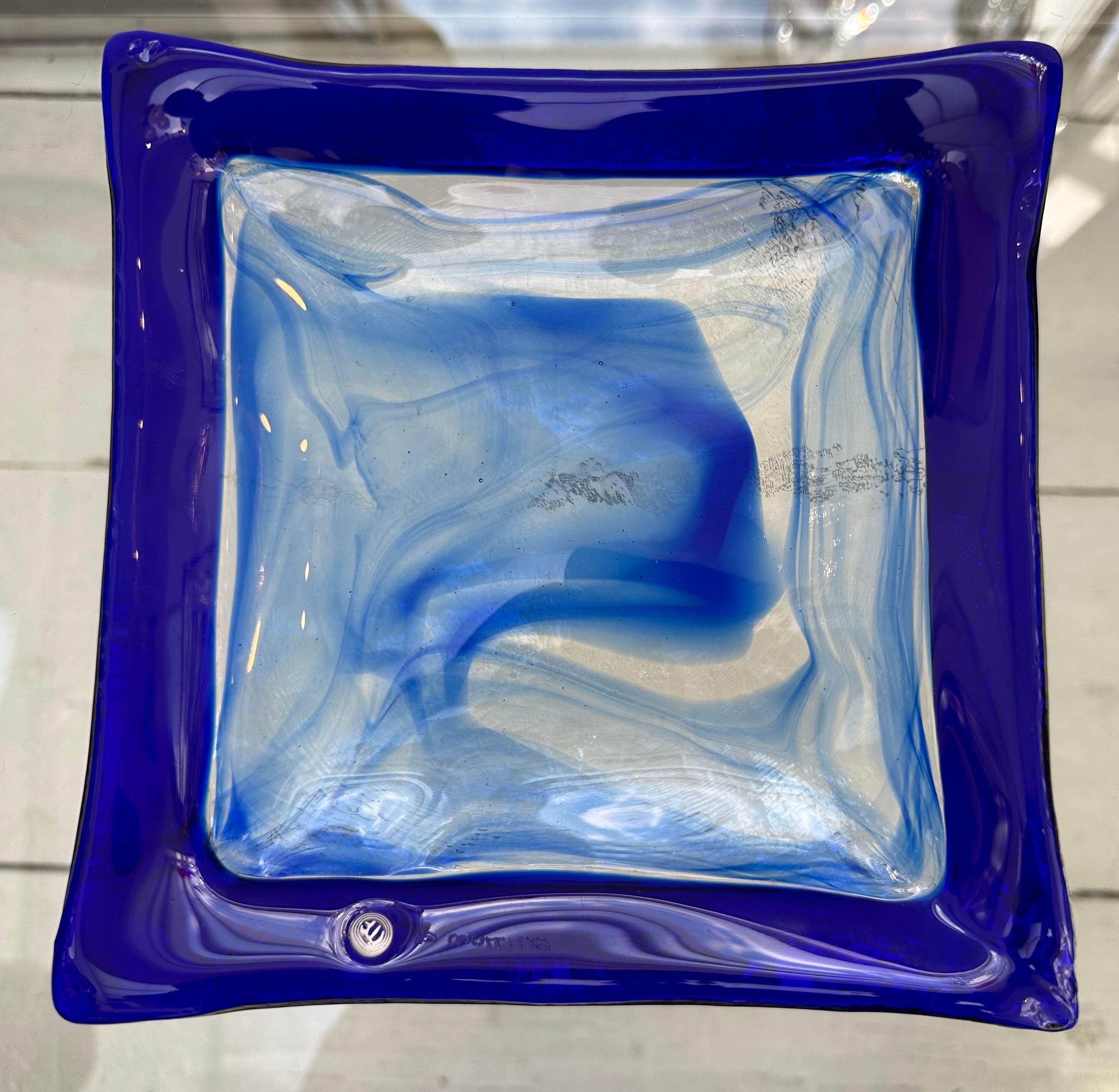 Circa 1990s Italian Murano cobalt blue and clear grass square dish manufactured by La Murrina. Signed La Murrina and stamped with their round 