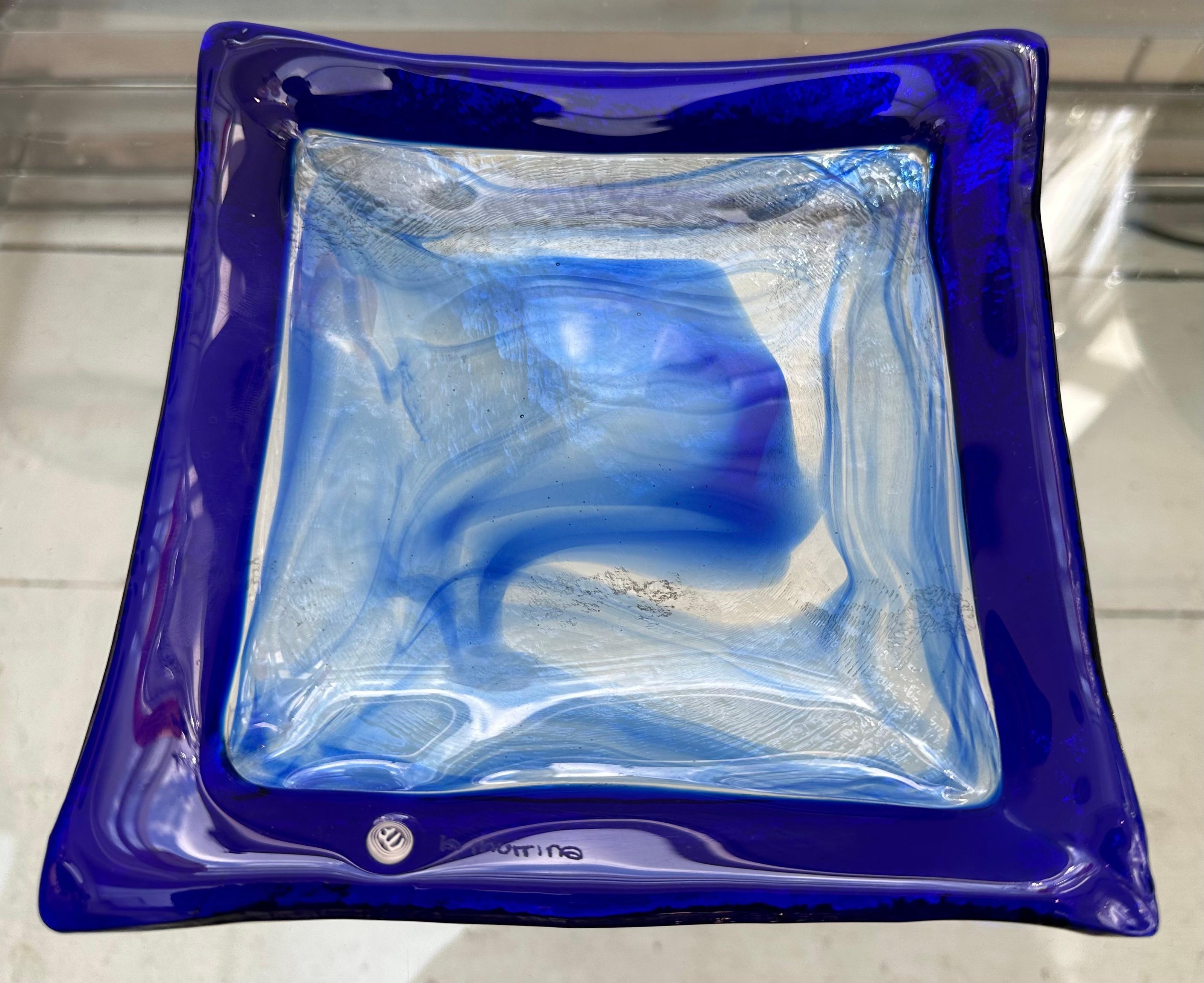 Modern Circa 1990s Italian La Murrina Murano Cobalt Blue & Clear Glass Dish or Bowl