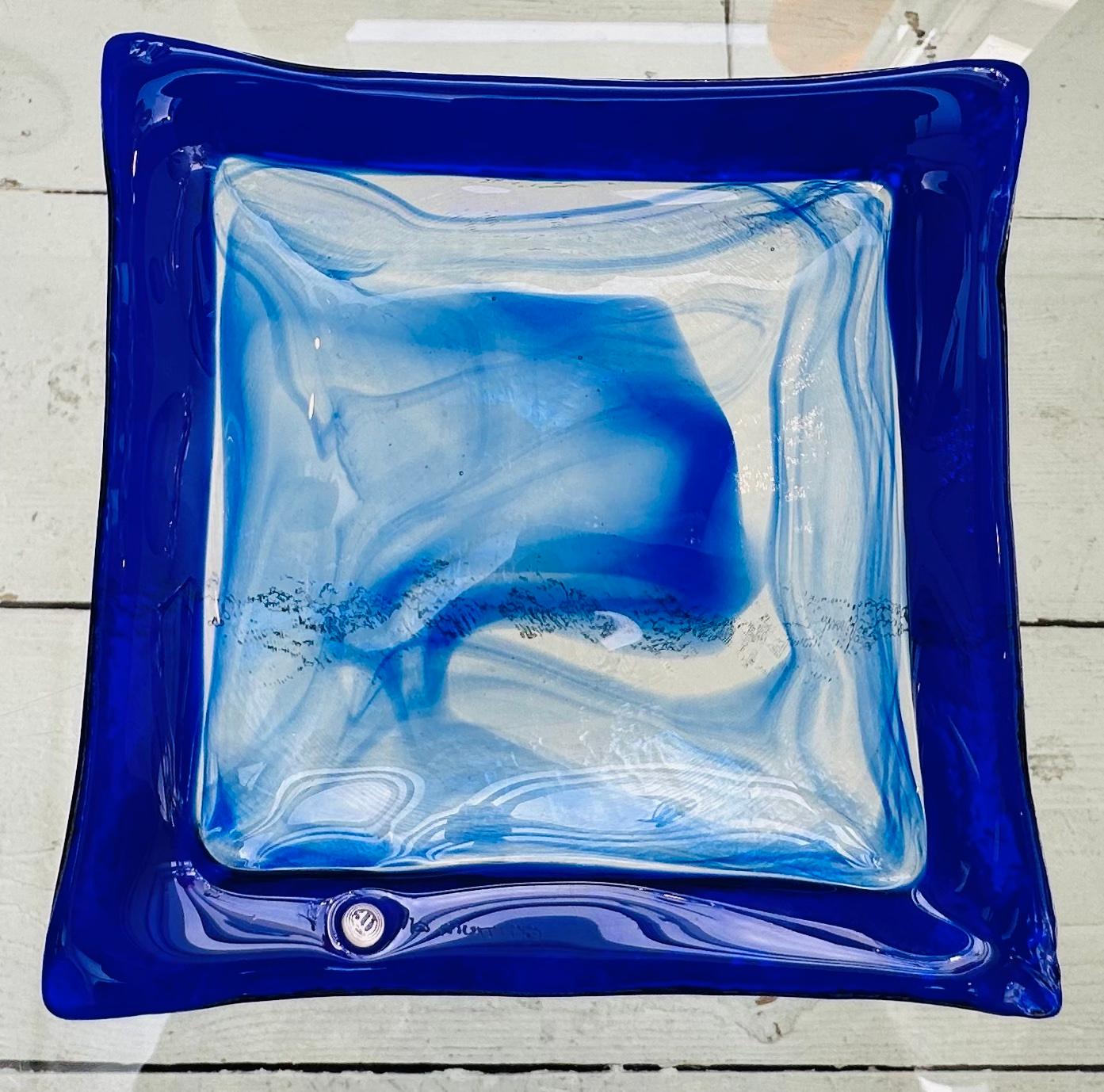 Circa 1990s Italian La Murrina Murano Cobalt Blue & Clear Glass Dish or Bowl 1