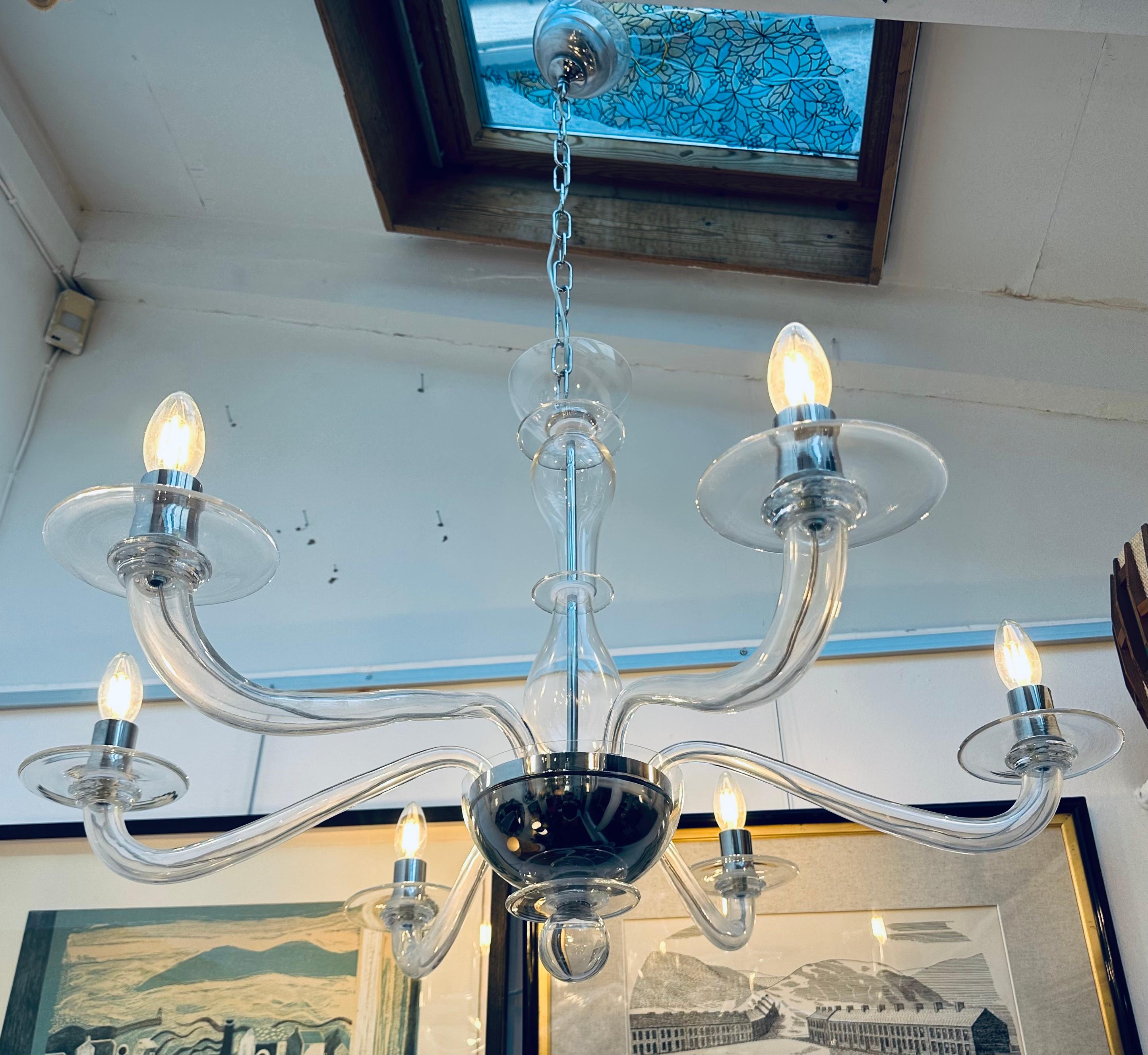 Modern Circa 1990s Italian Murano Transparent Clear Blown Glass Chandelier by Sylcom For Sale