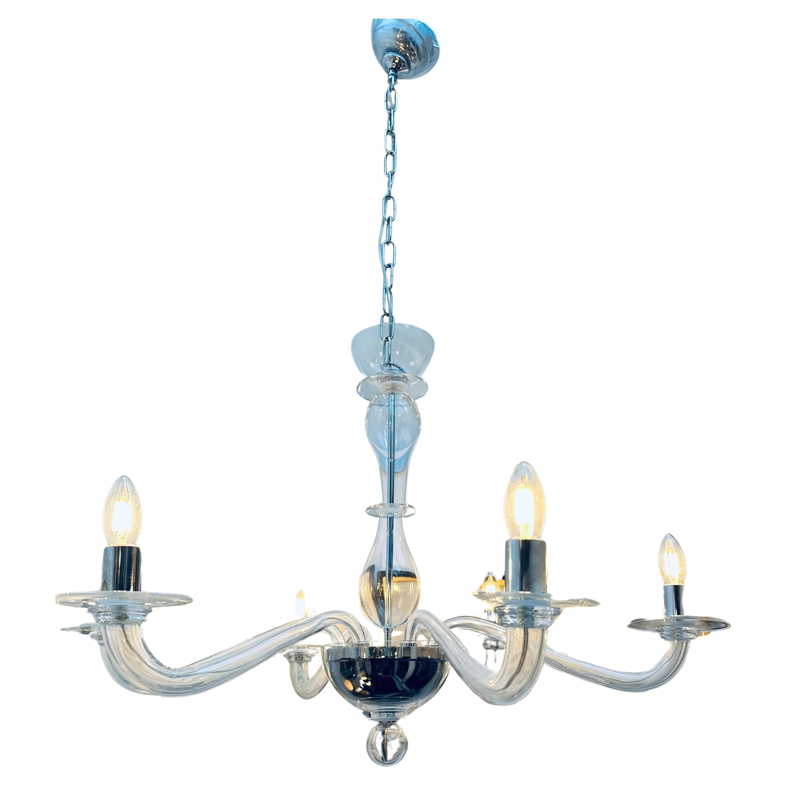 Circa 1990s Italian Murano Transparent Clear Blown Glass Chandelier by Sylcom