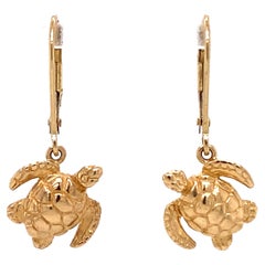 Circa 1990s Lever Back Sea Turtle Dangle Earrings in 14K Gold
