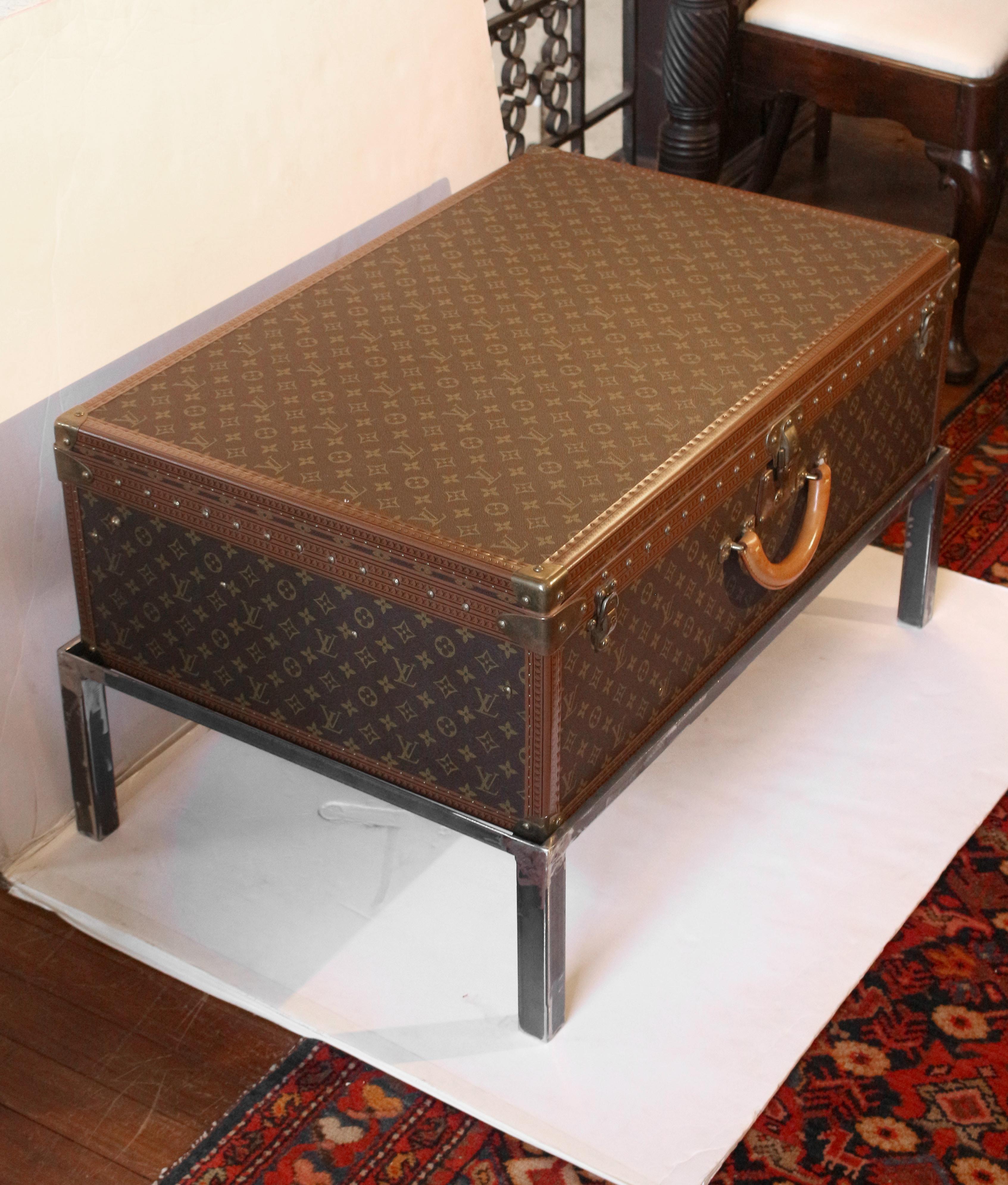 French Circa 1990s Louis Vuitton Alzer 80 Suitcase on Custom Coffee Table Height Stand