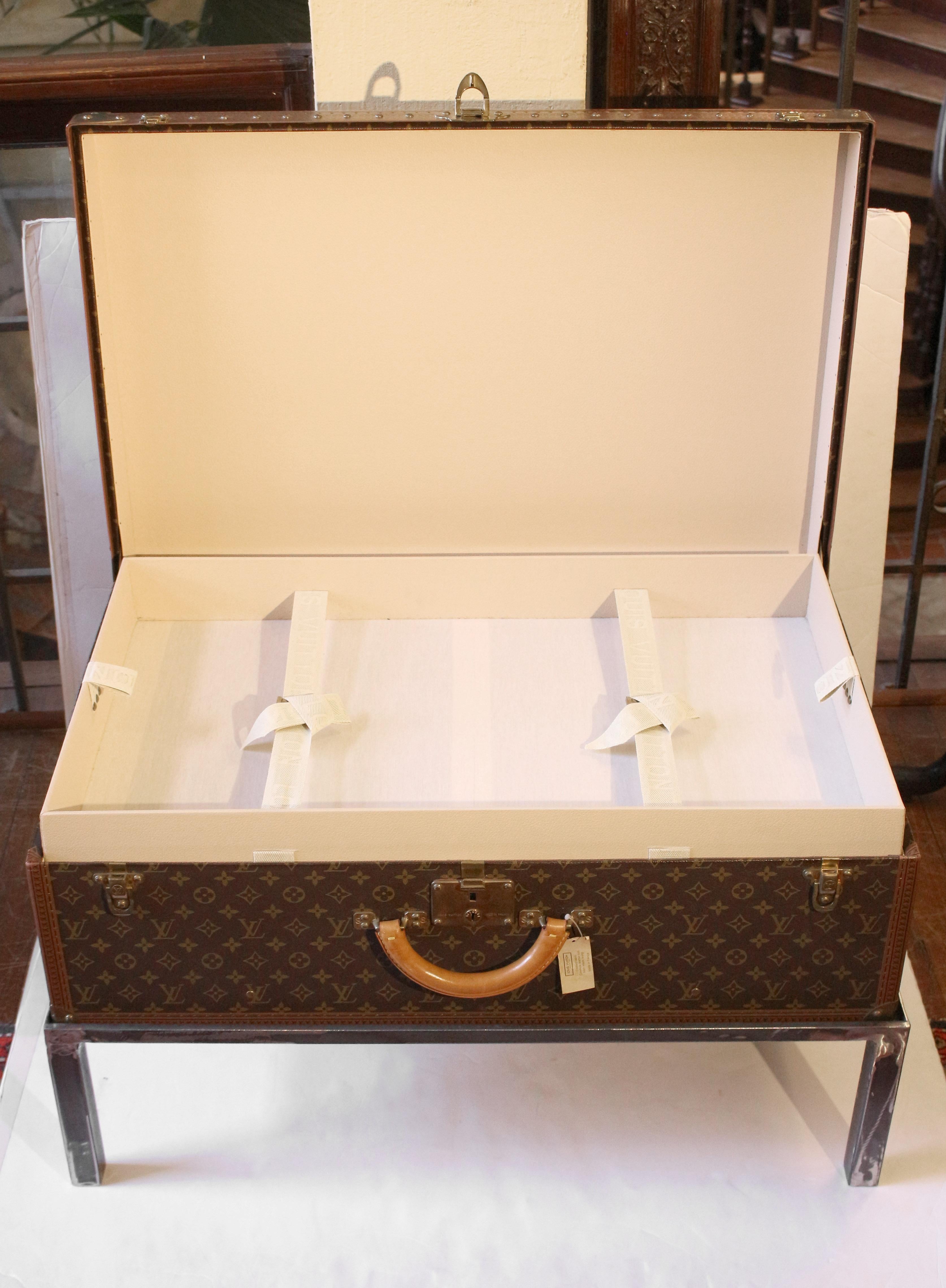 Brass Circa 1990s Louis Vuitton Alzer 80 Suitcase on Custom Coffee Table Height Stand