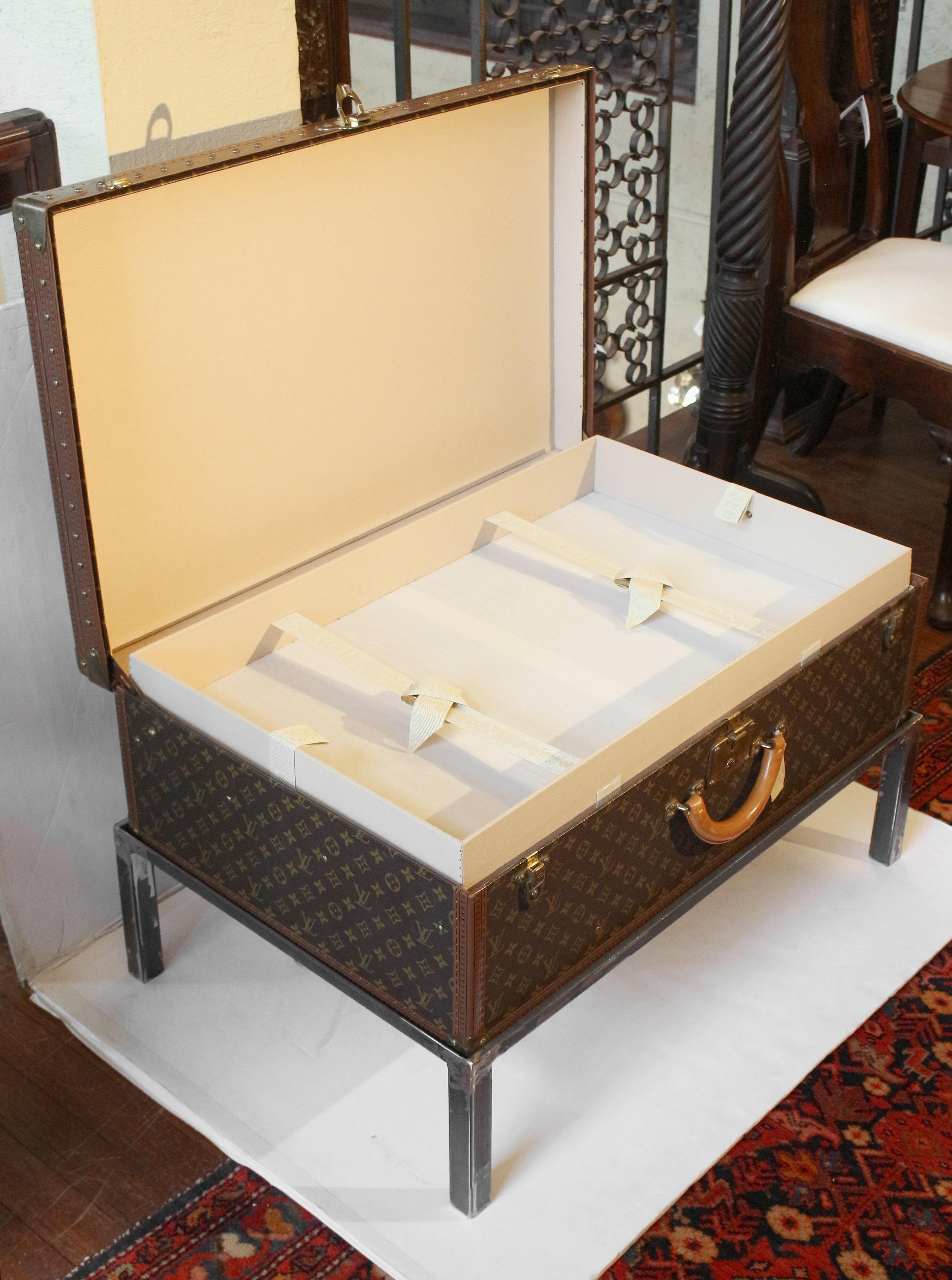 Circa 1990s Louis Vuitton Alzer 80 Suitcase on Custom Coffee Table Height Stand 1